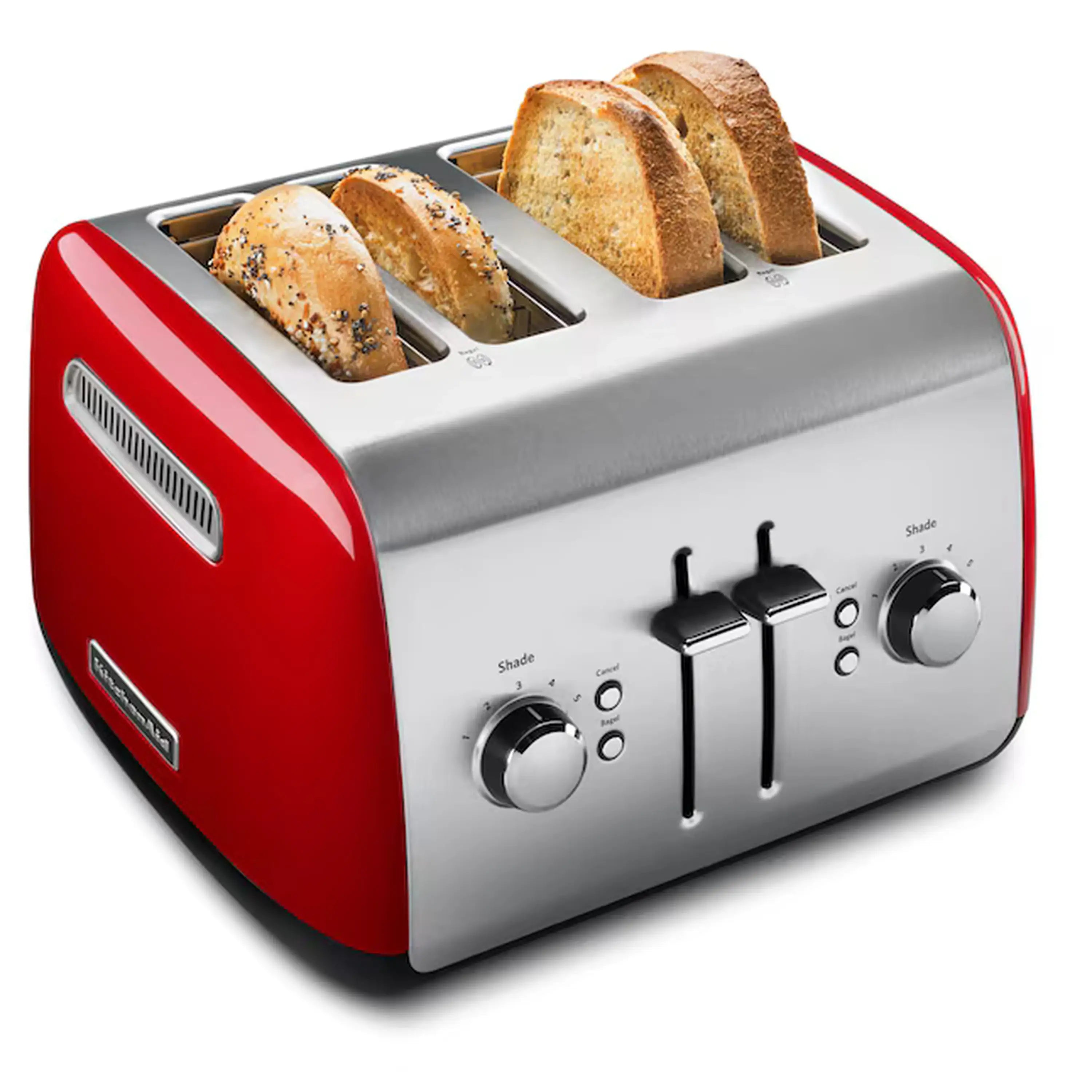 4-slice toaster with bread slices in four slots, Empire Red and silver