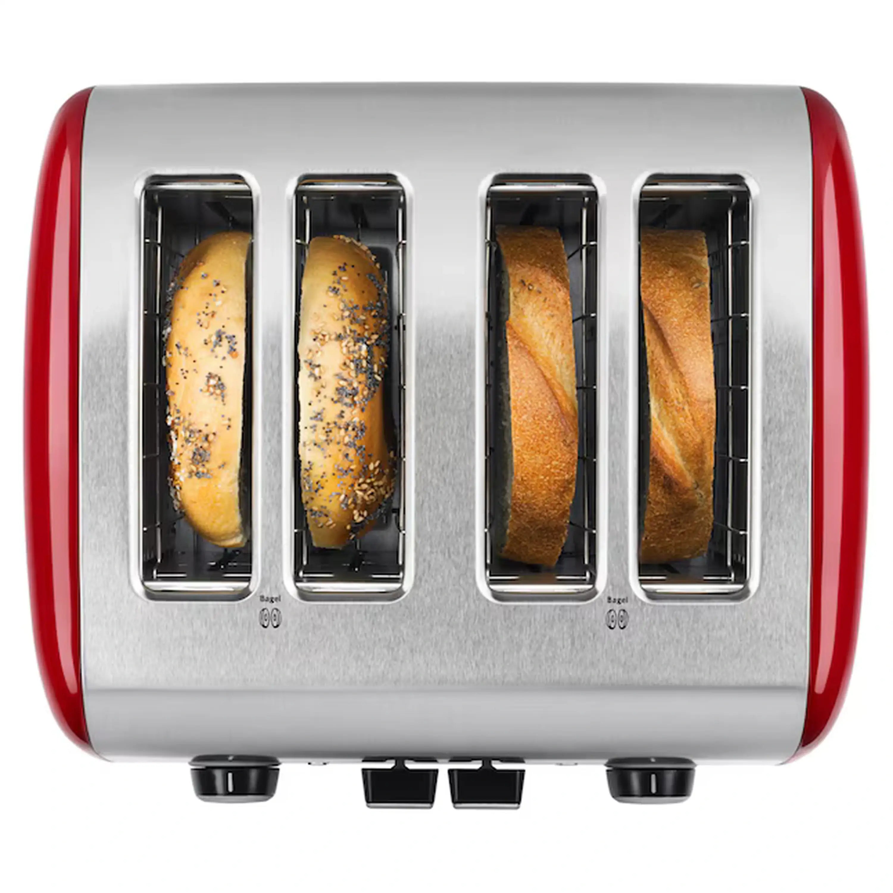 4-slice toaster front view with four bread slices in slots, Empire Red and silver