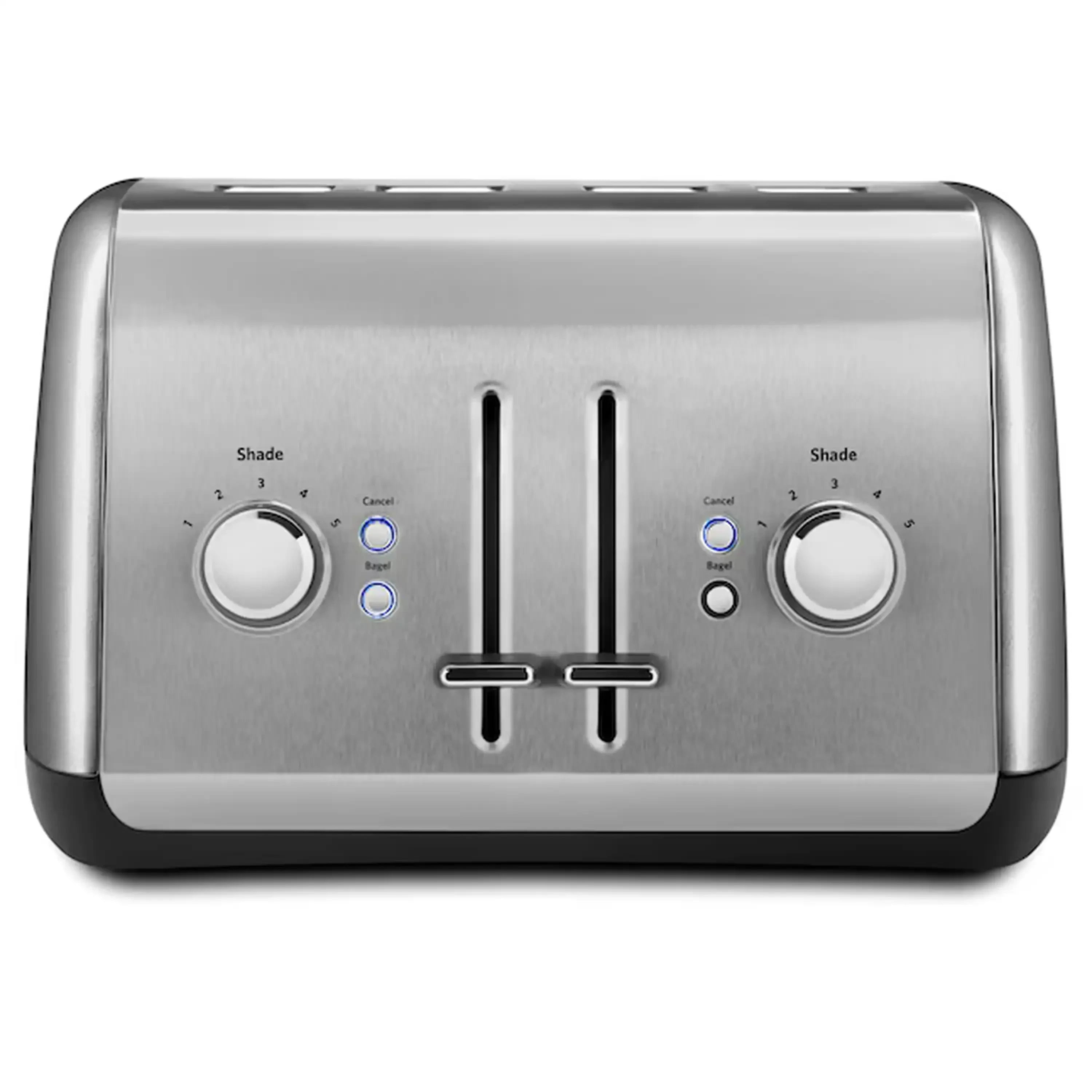 Contour Silver KitchenAid 4-slice toaster front view with shade dials and center lift levers