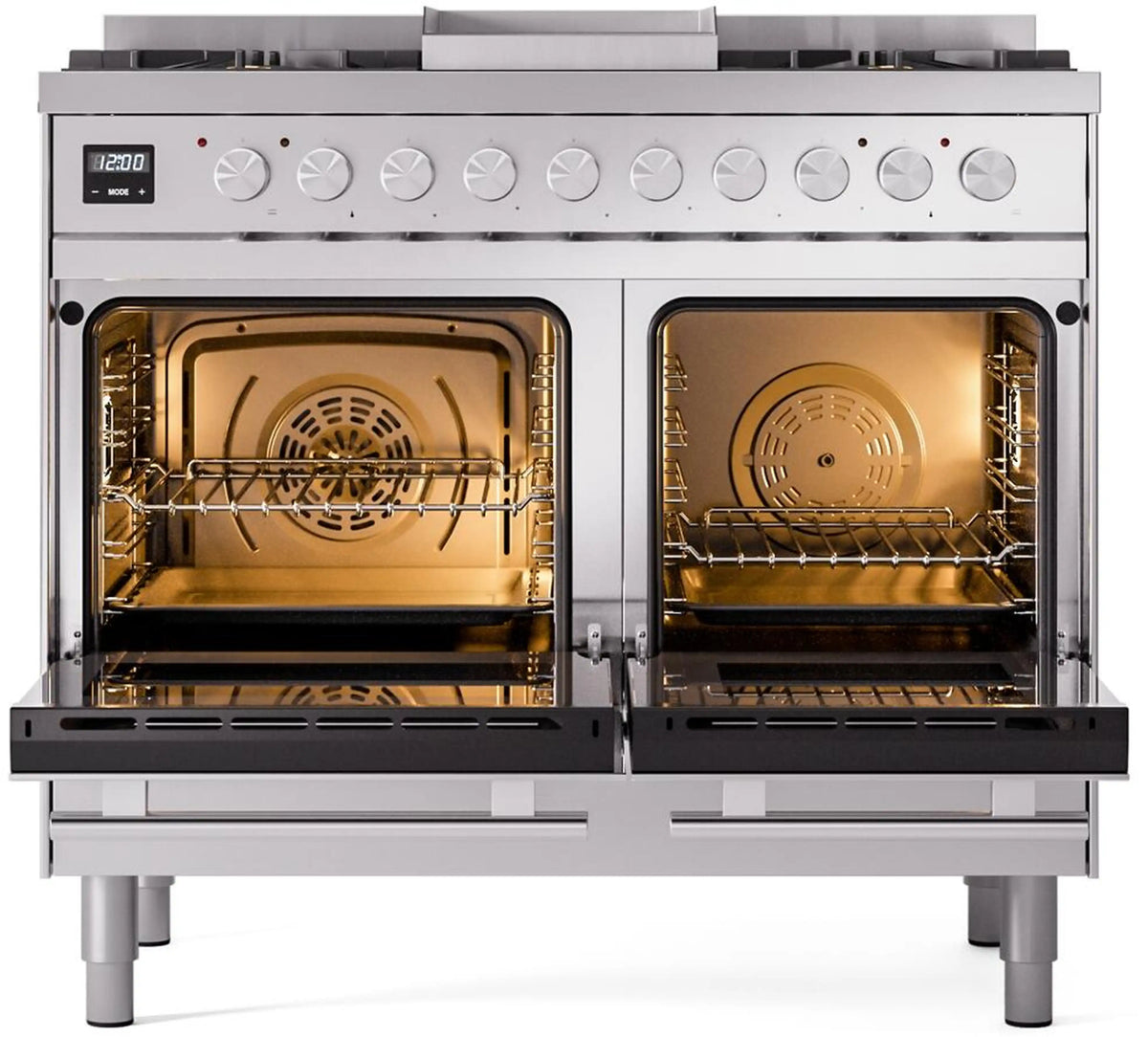 Stainless steel dual-fuel range with both ovens open and heated racks inside
