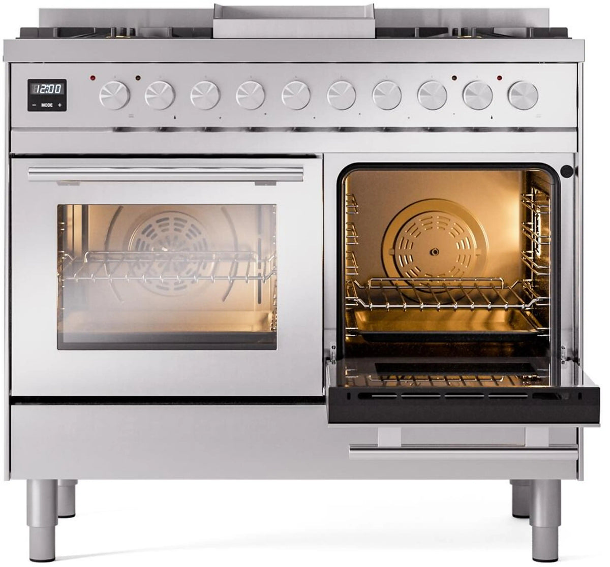 Stainless steel freestanding range with both ovens open and racks inside