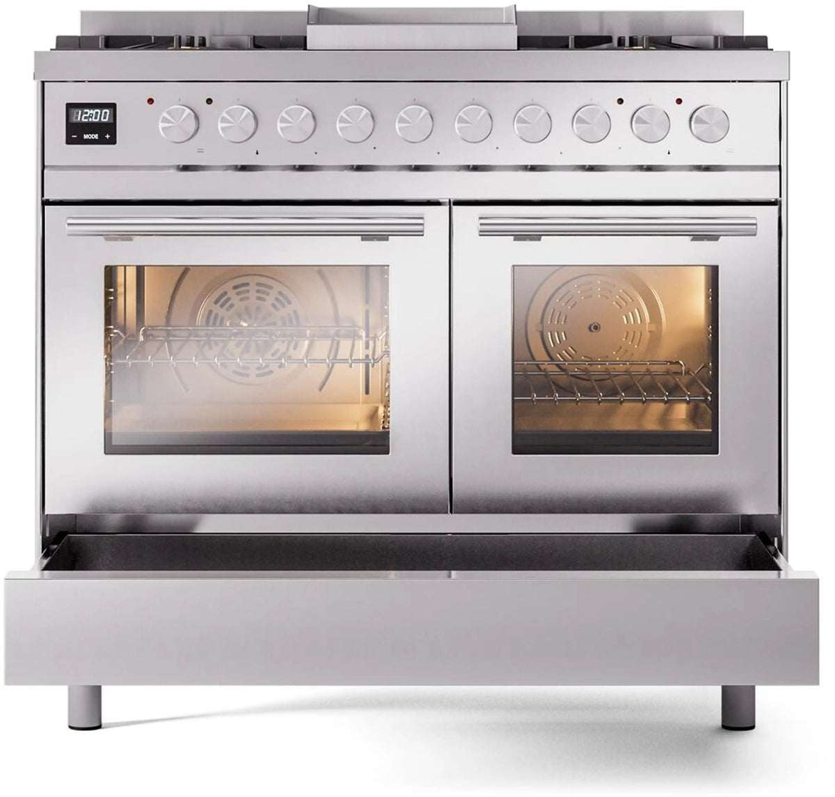 Stainless steel range with two oven doors closed and control panel across top