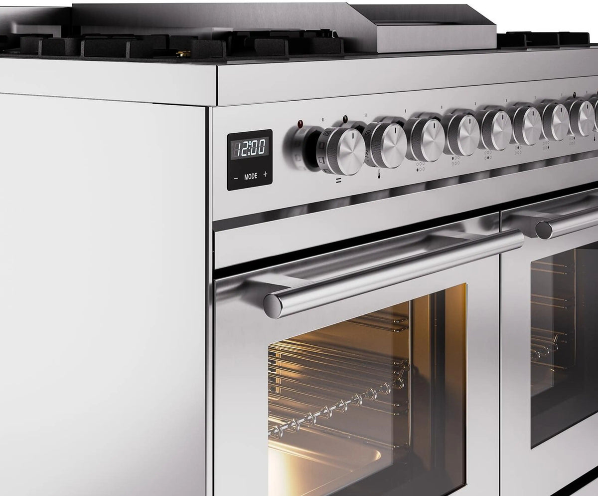 Stainless steel gas dual-fuel range control panel with knobs and digital display