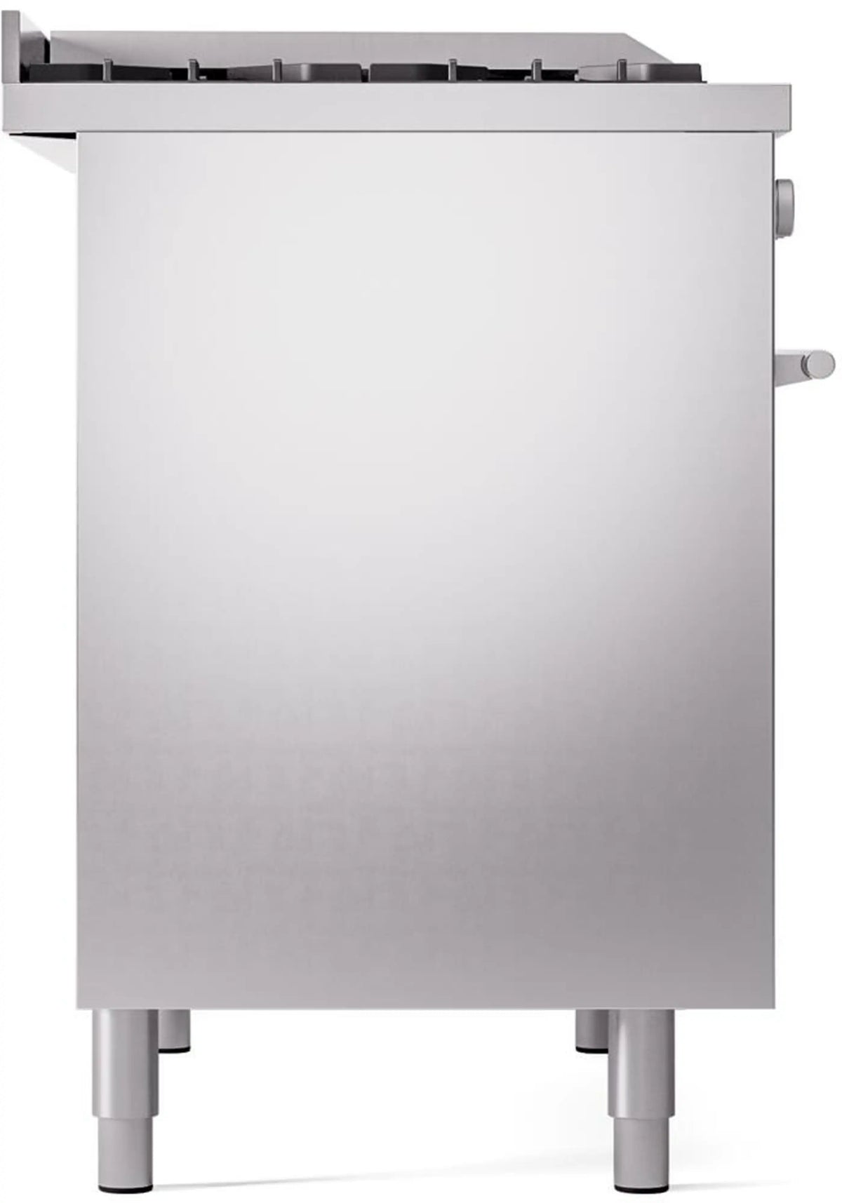 Stainless steel freestanding dual-fuel gas range front view with four legs