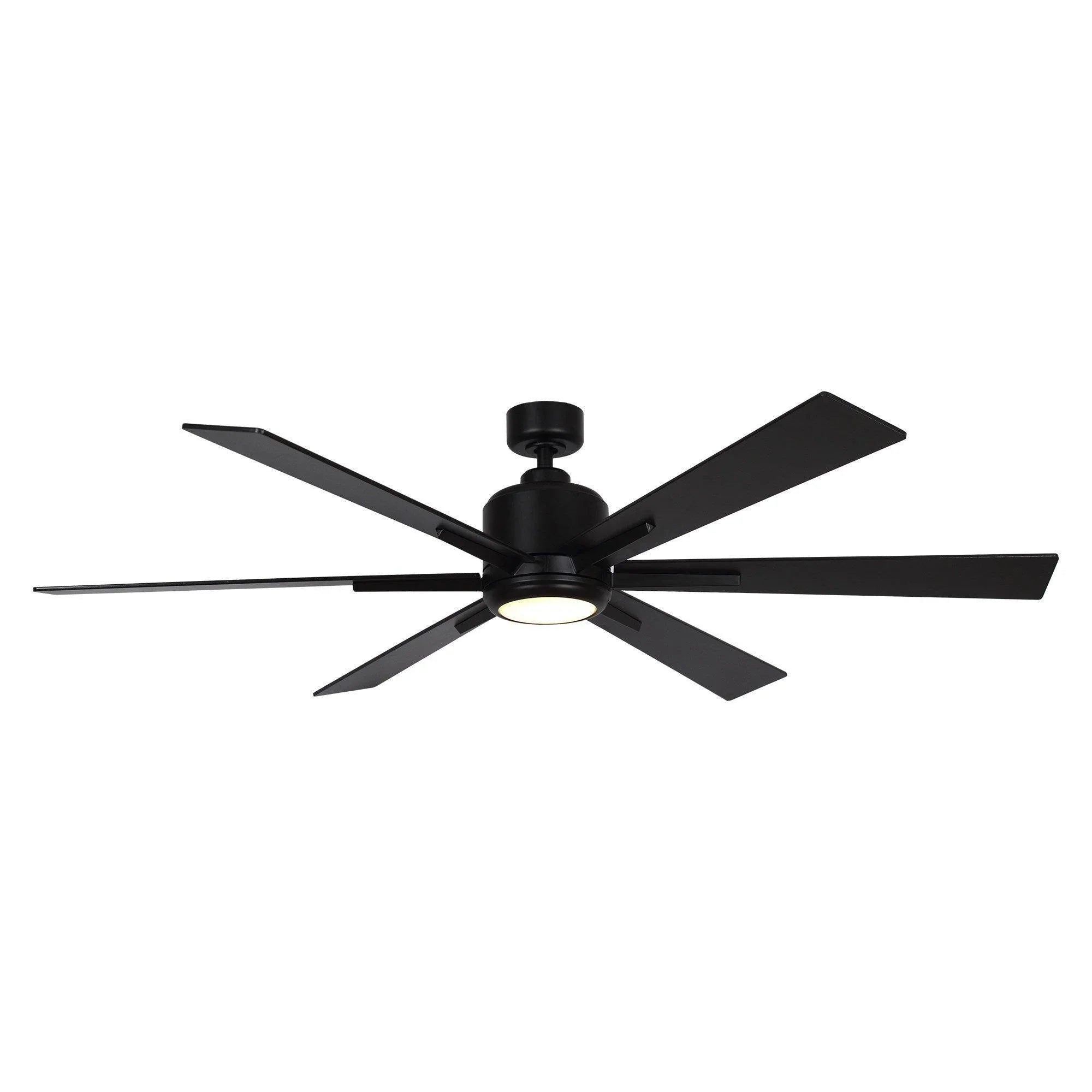 Black 5-blade ceiling fan with integrated light kit and downrod mounting