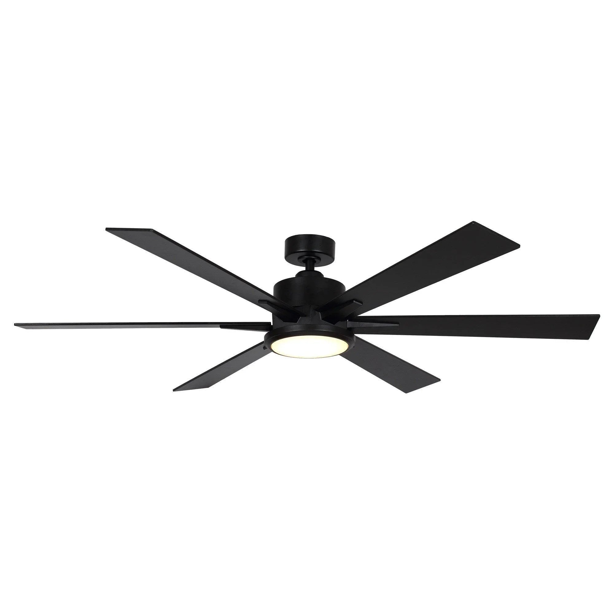 Black industrial ceiling fan with five blades and integrated light kit