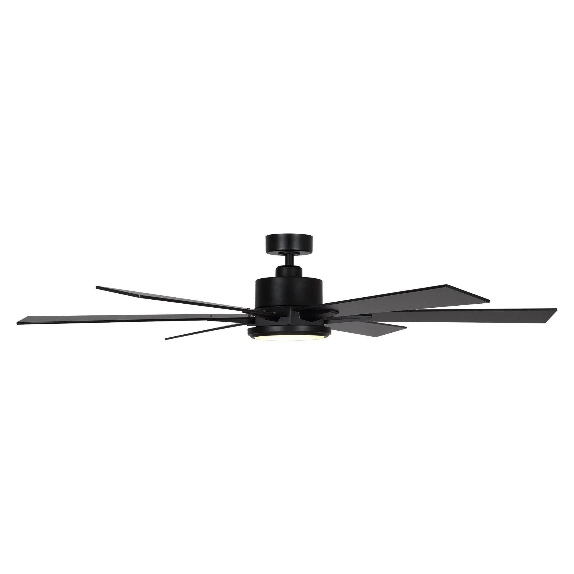 Black ceiling fan with five blades and central motor housing in side view
