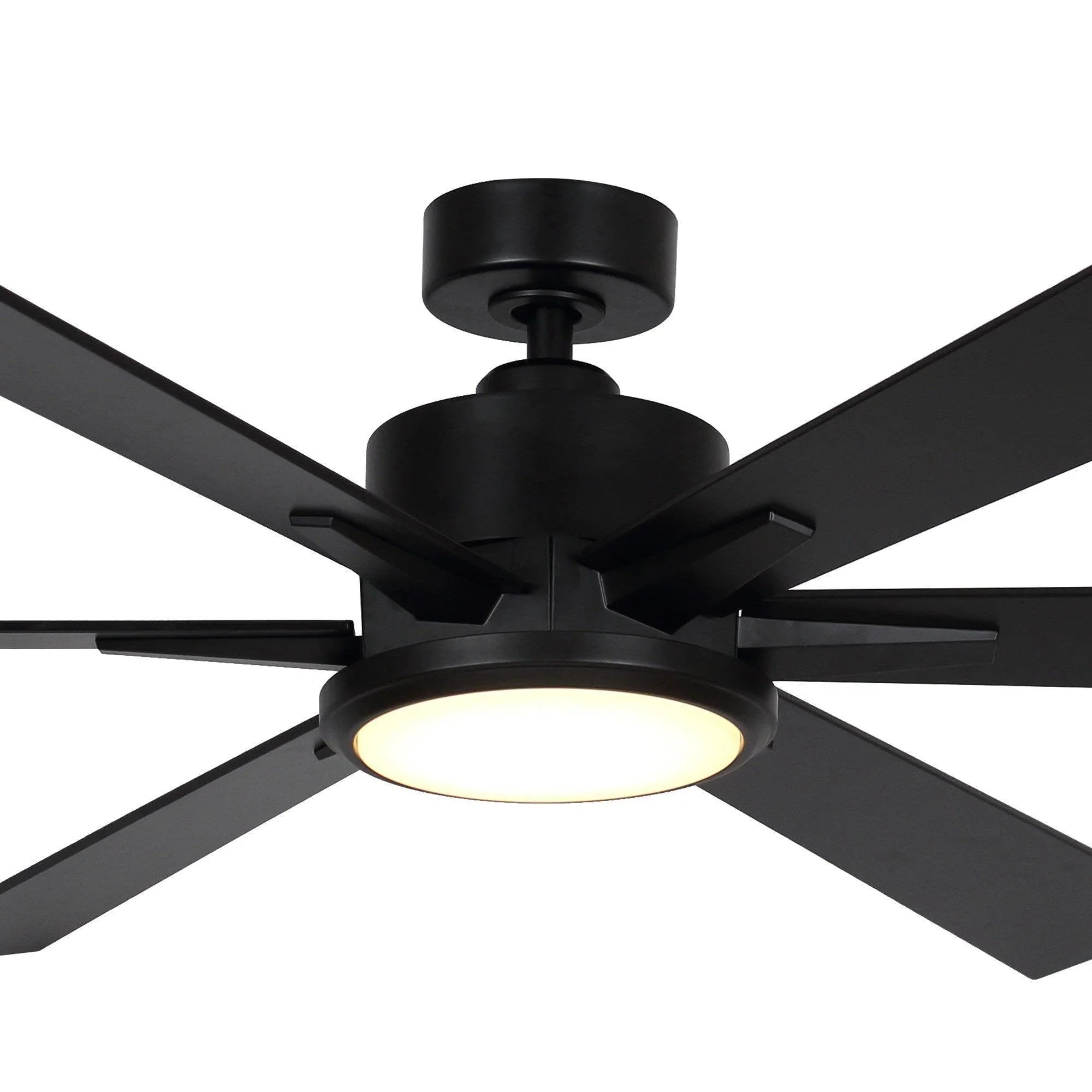 Black industrial ceiling fan with integrated light and five blades.