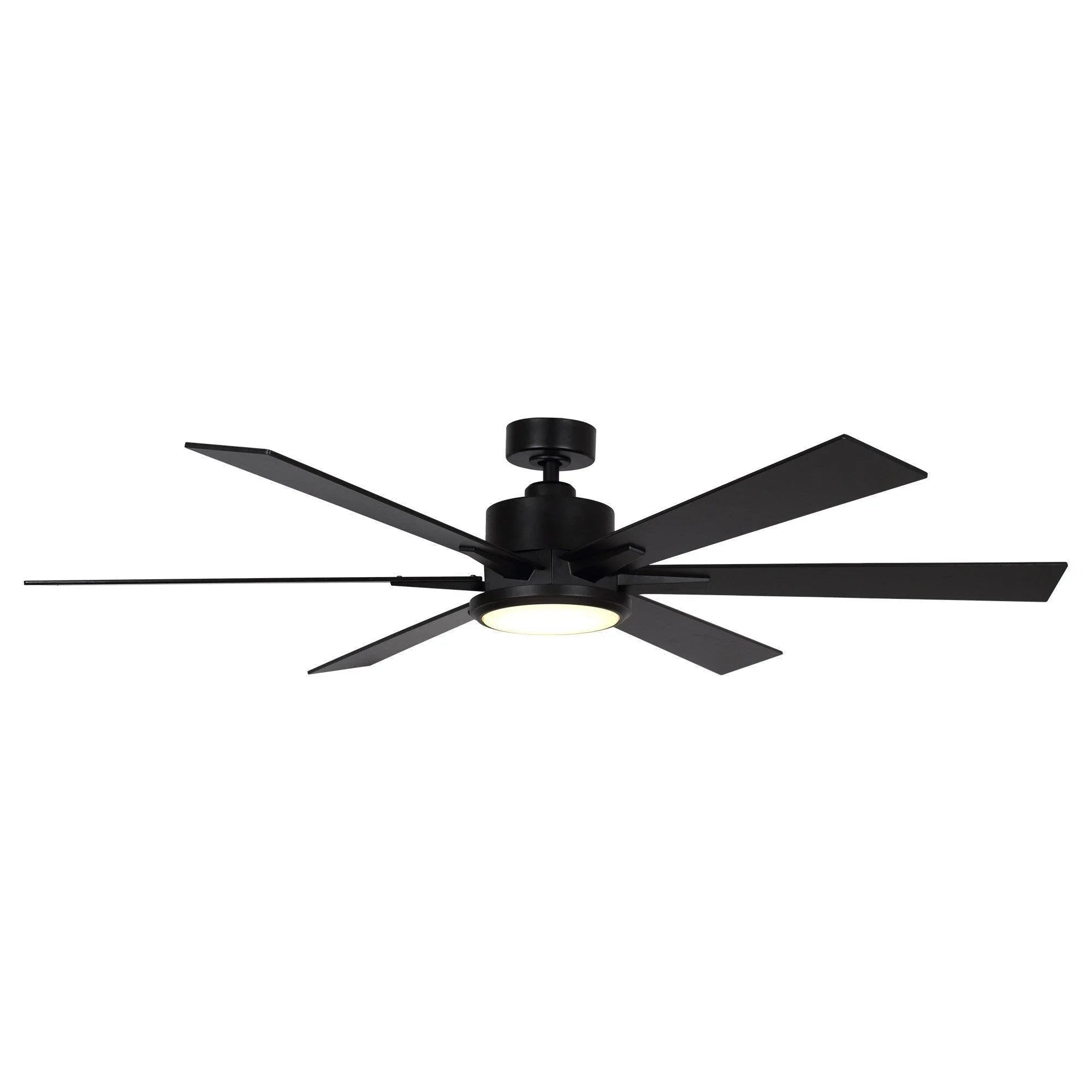 Black industrial ceiling fan with five blades and integrated light kit