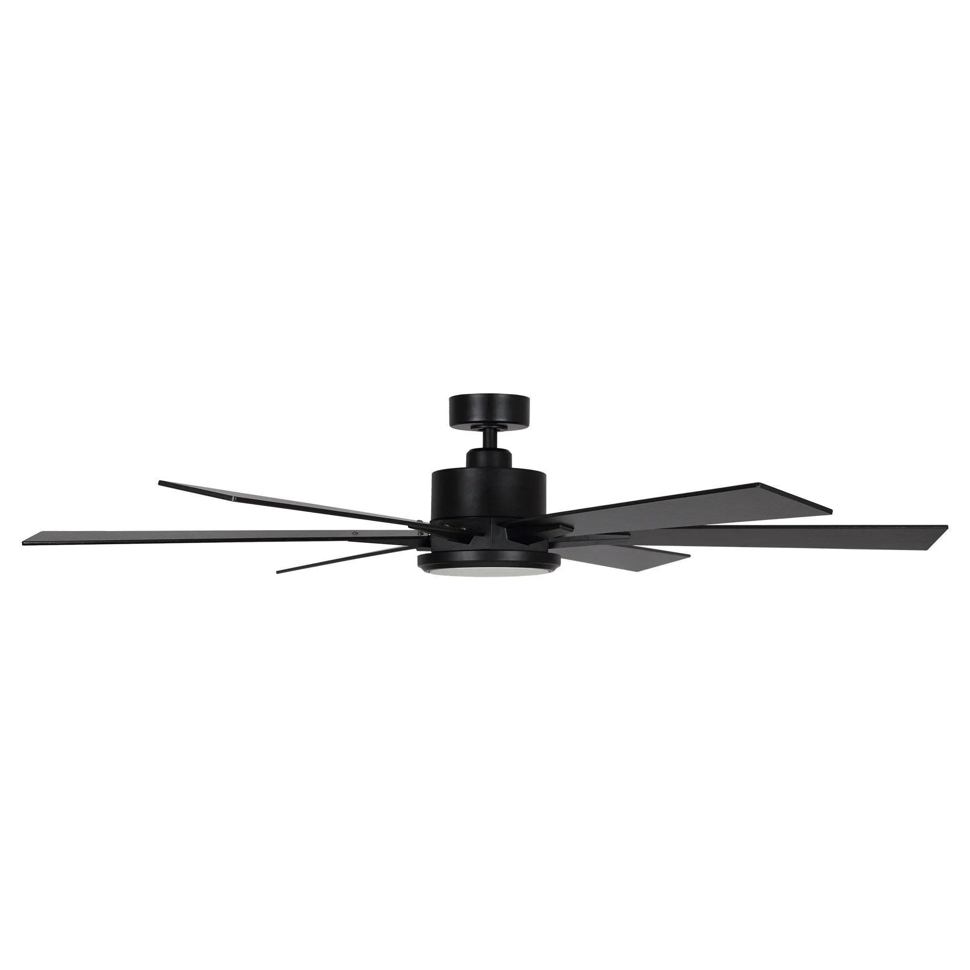 Black ceiling fan with five blades showing side profile and mounting canopy