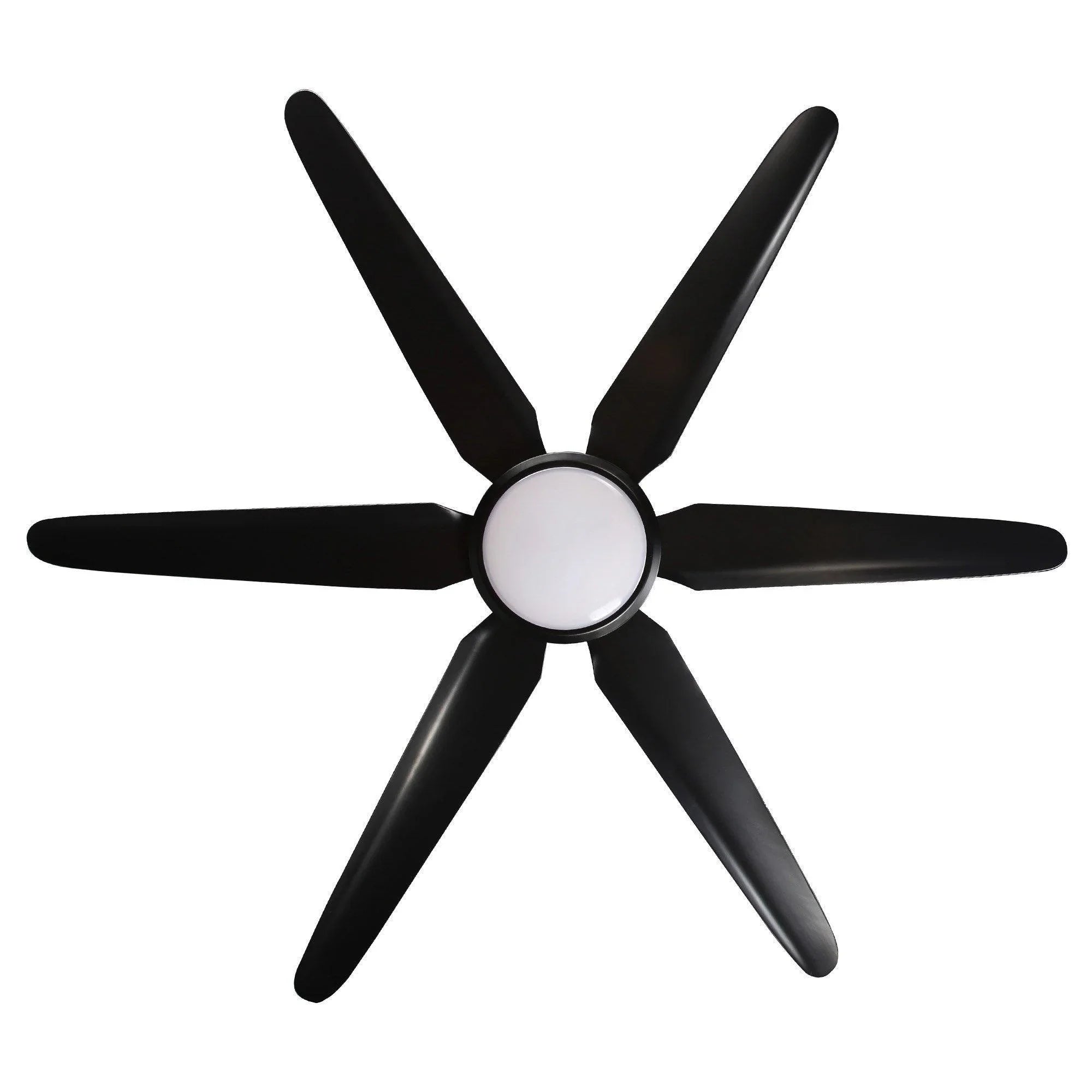 Black 5-blade ceiling fan with round white light cover centered on hub