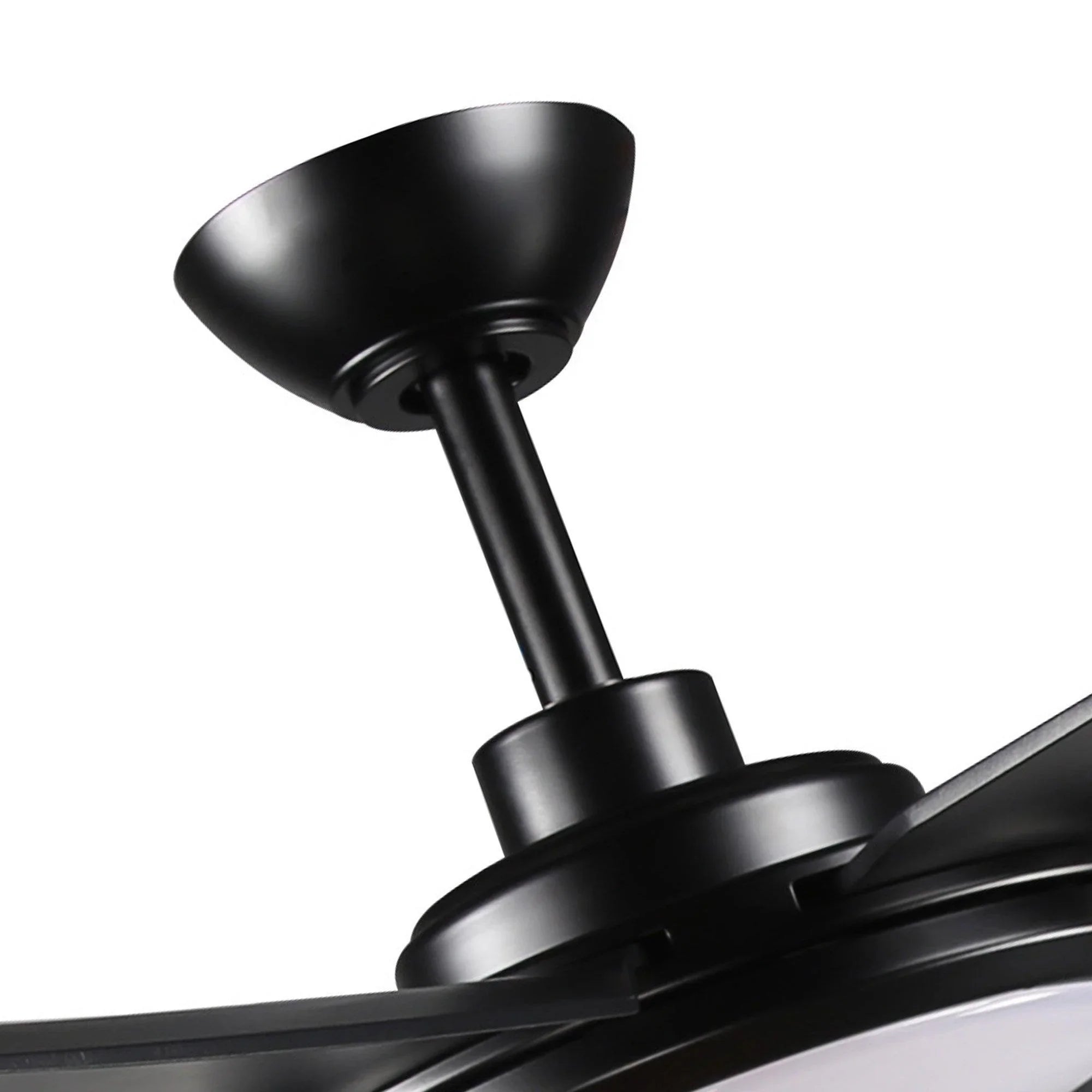 Black ceiling fan downrod and motor housing with blade base ring