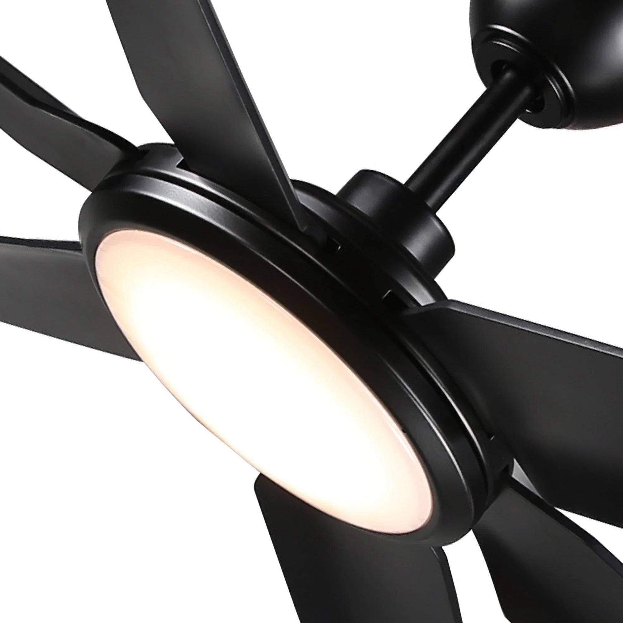 Black ceiling fan light fixture with frosted glass bowl and 5 black blades
