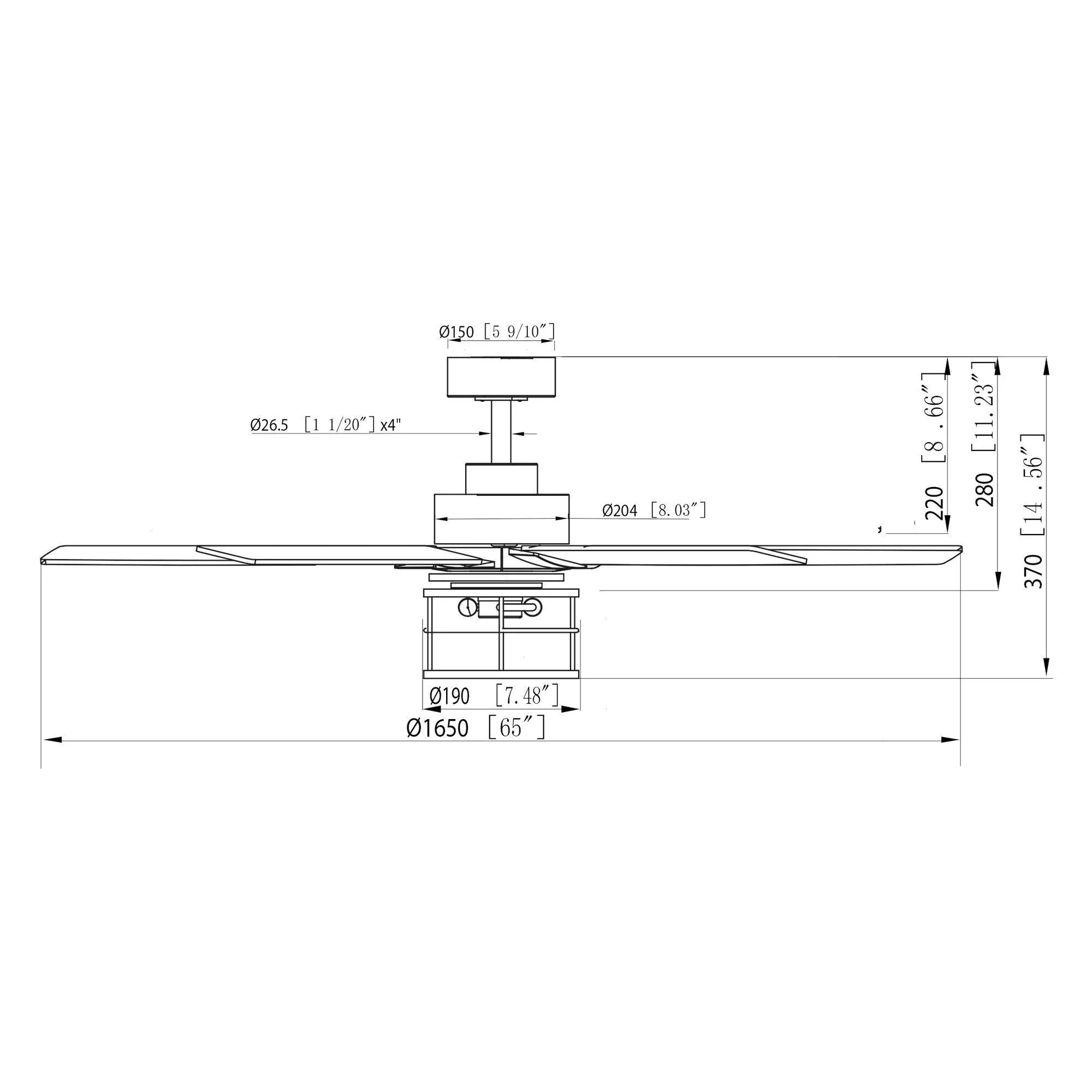 Ceiling fan technical side-view drawing with dimensions and light fixture housing