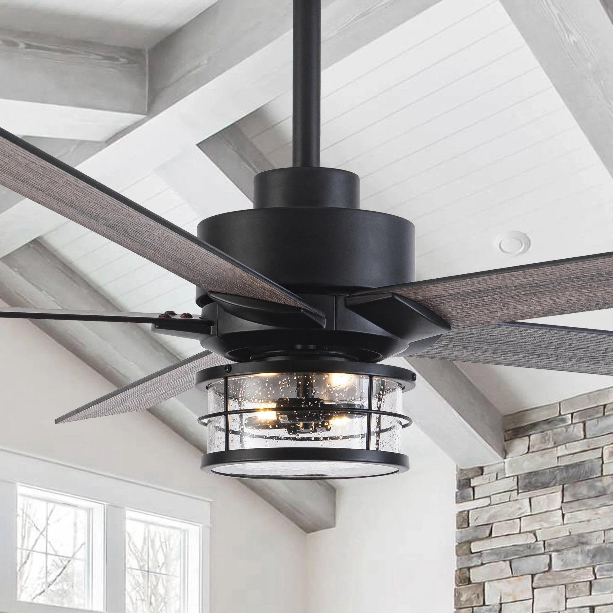 Black modern reversible ceiling fan with frosted glass light and four wood blades