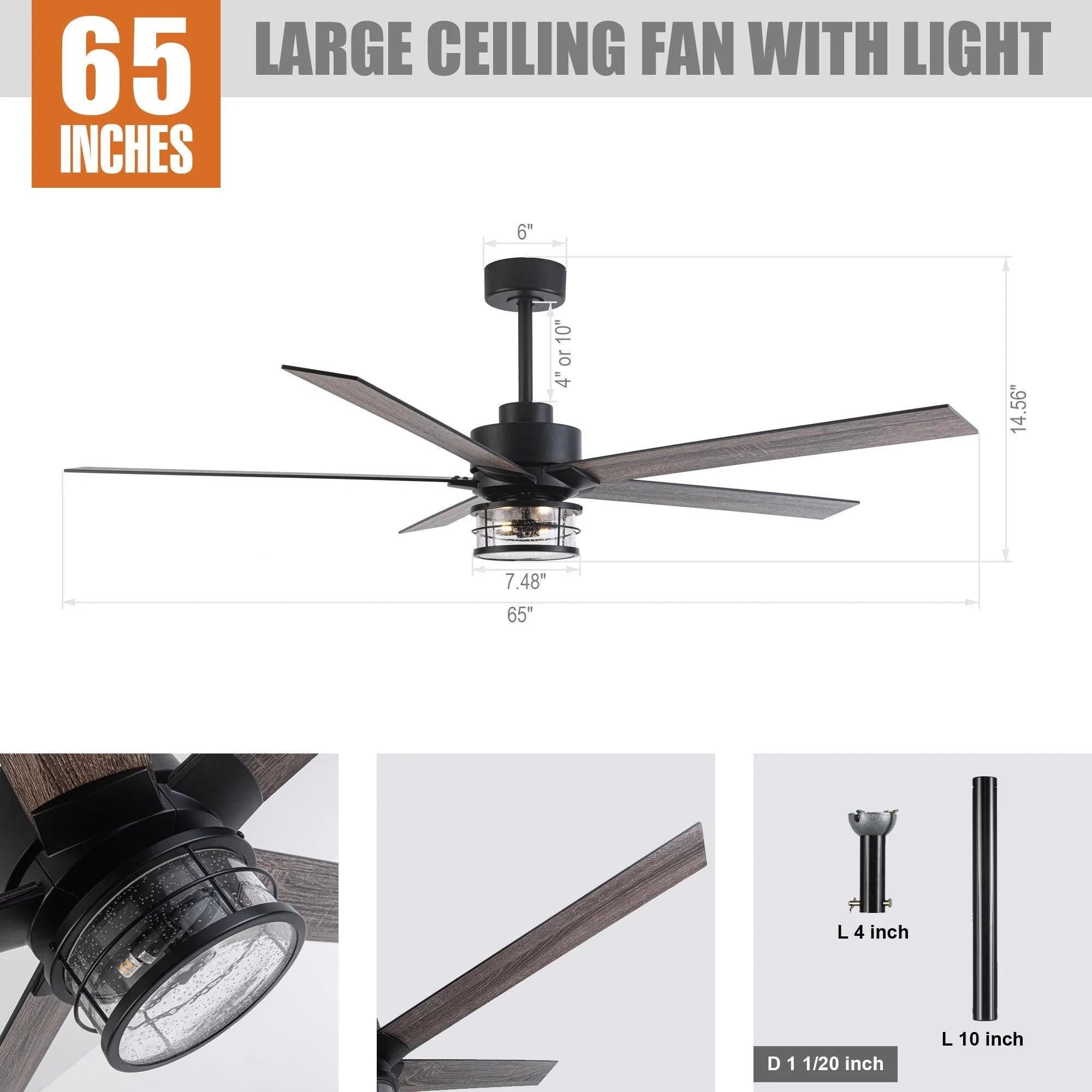 65-inch black ceiling fan with light, five blades, and central downrod assembly
