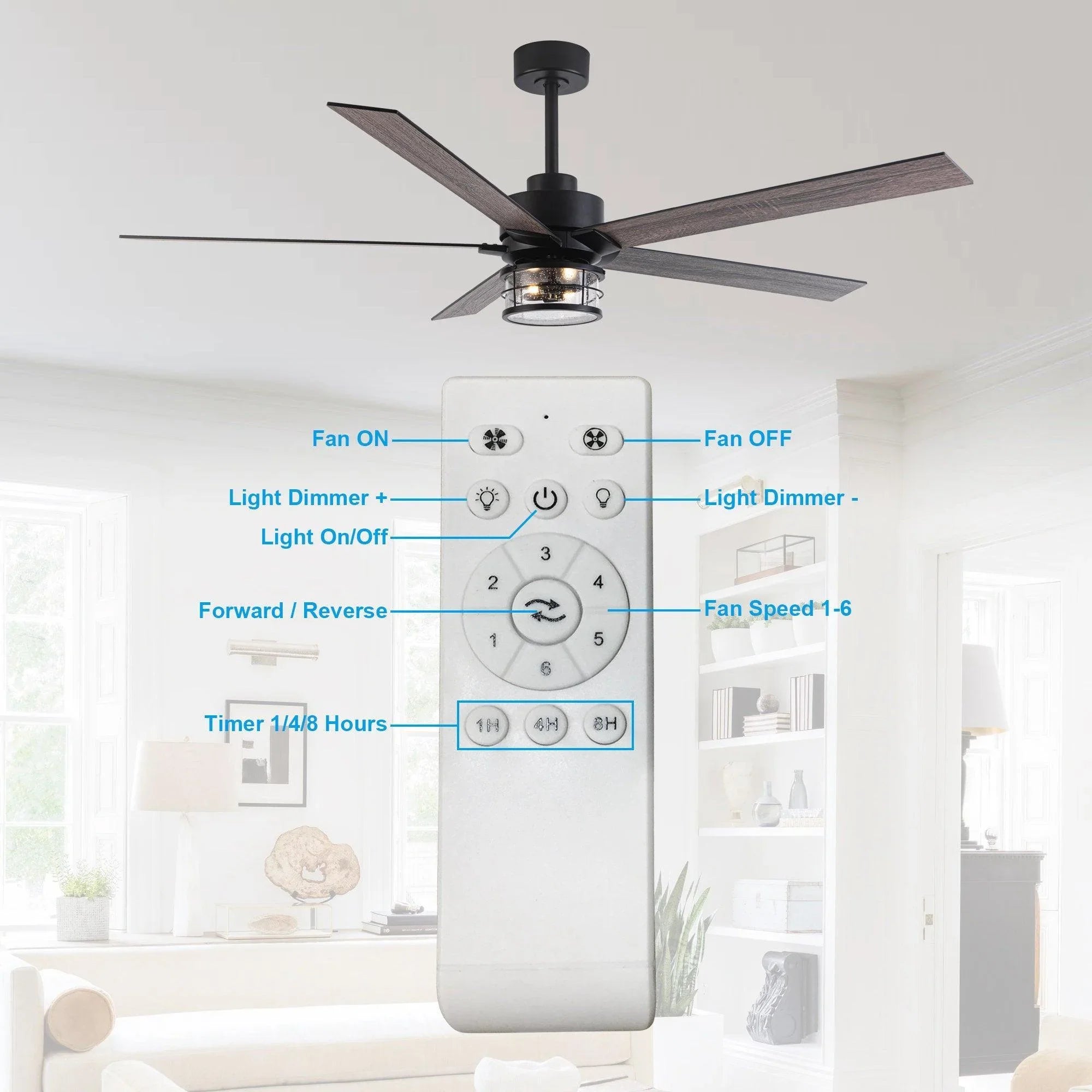 Black ceiling fan remote control panel with fan speed and light dimmer buttons