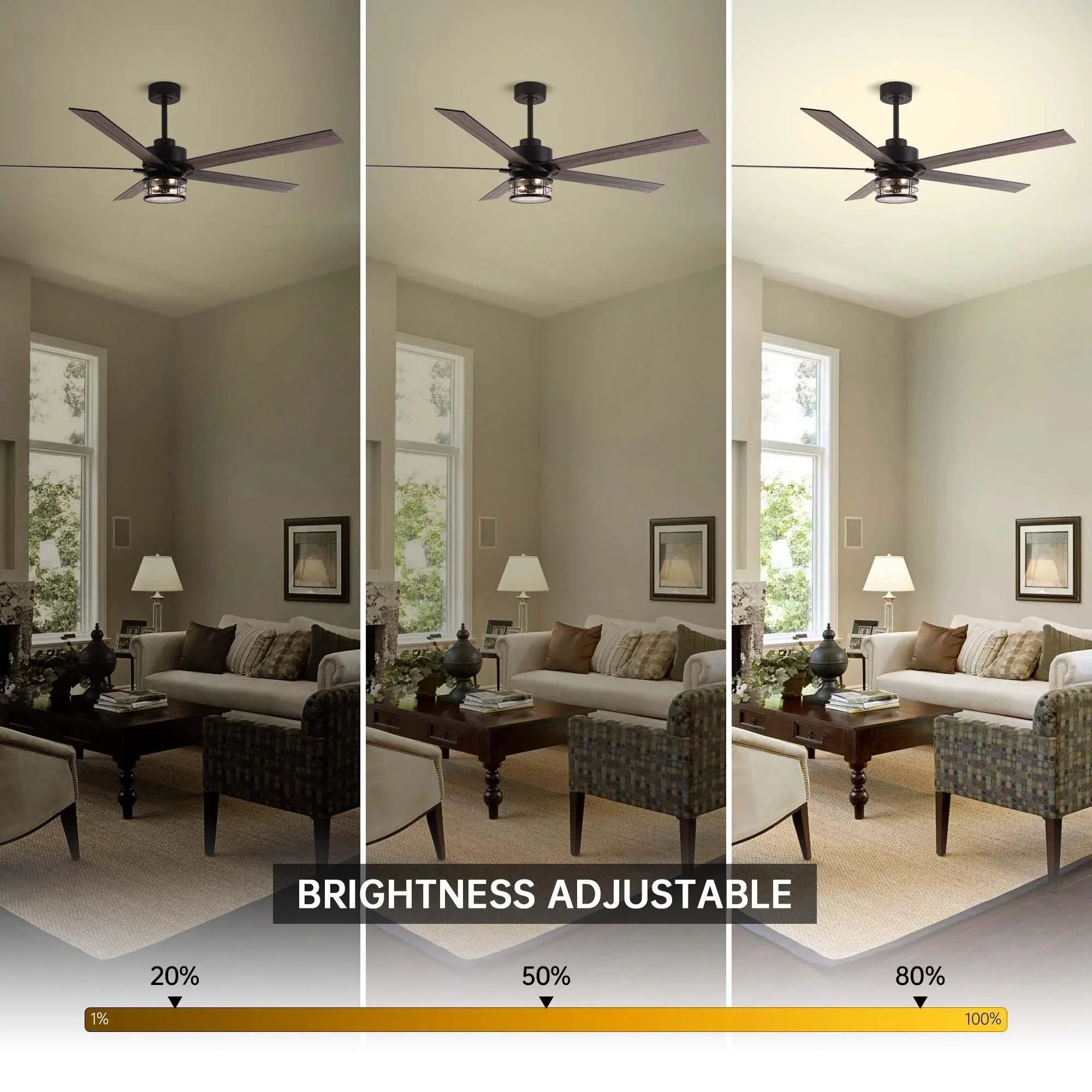 Black ceiling fan with integrated glass light and five dark wood blades on ceiling