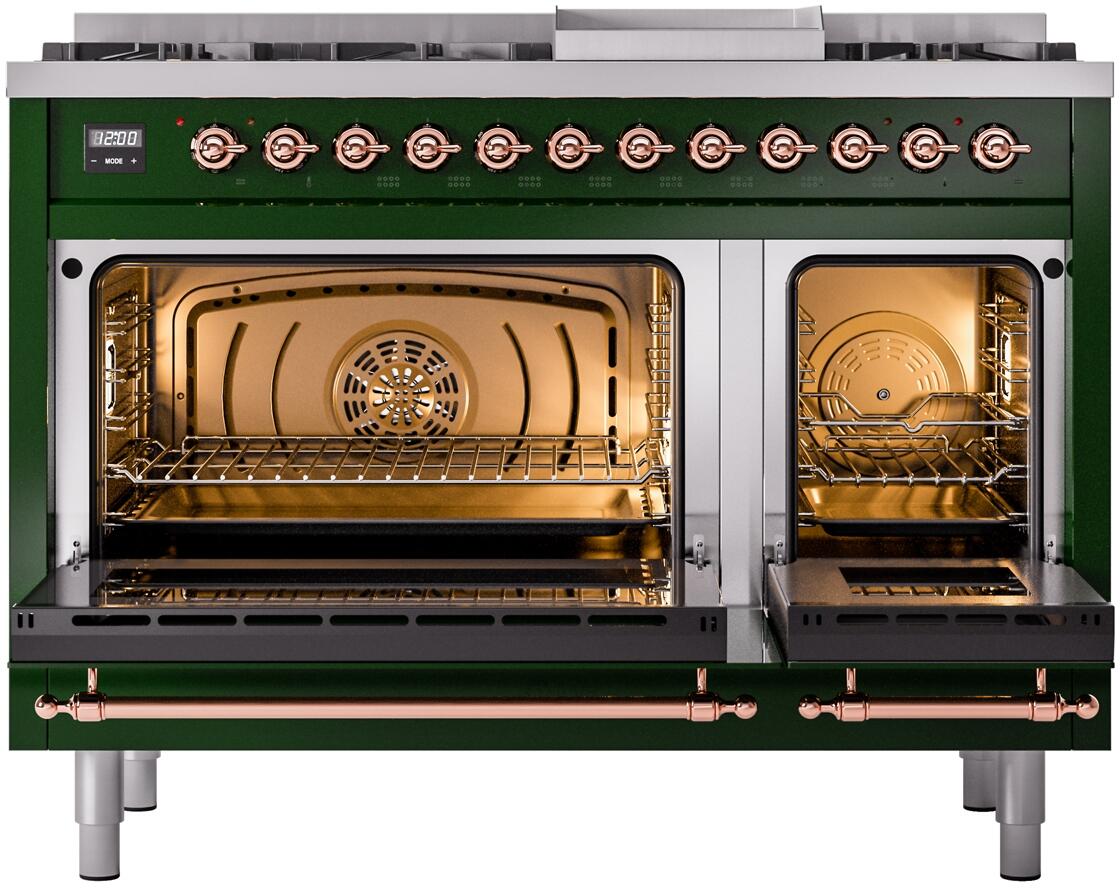 Emerald green dual fuel range with both oven doors open and copper trim handles