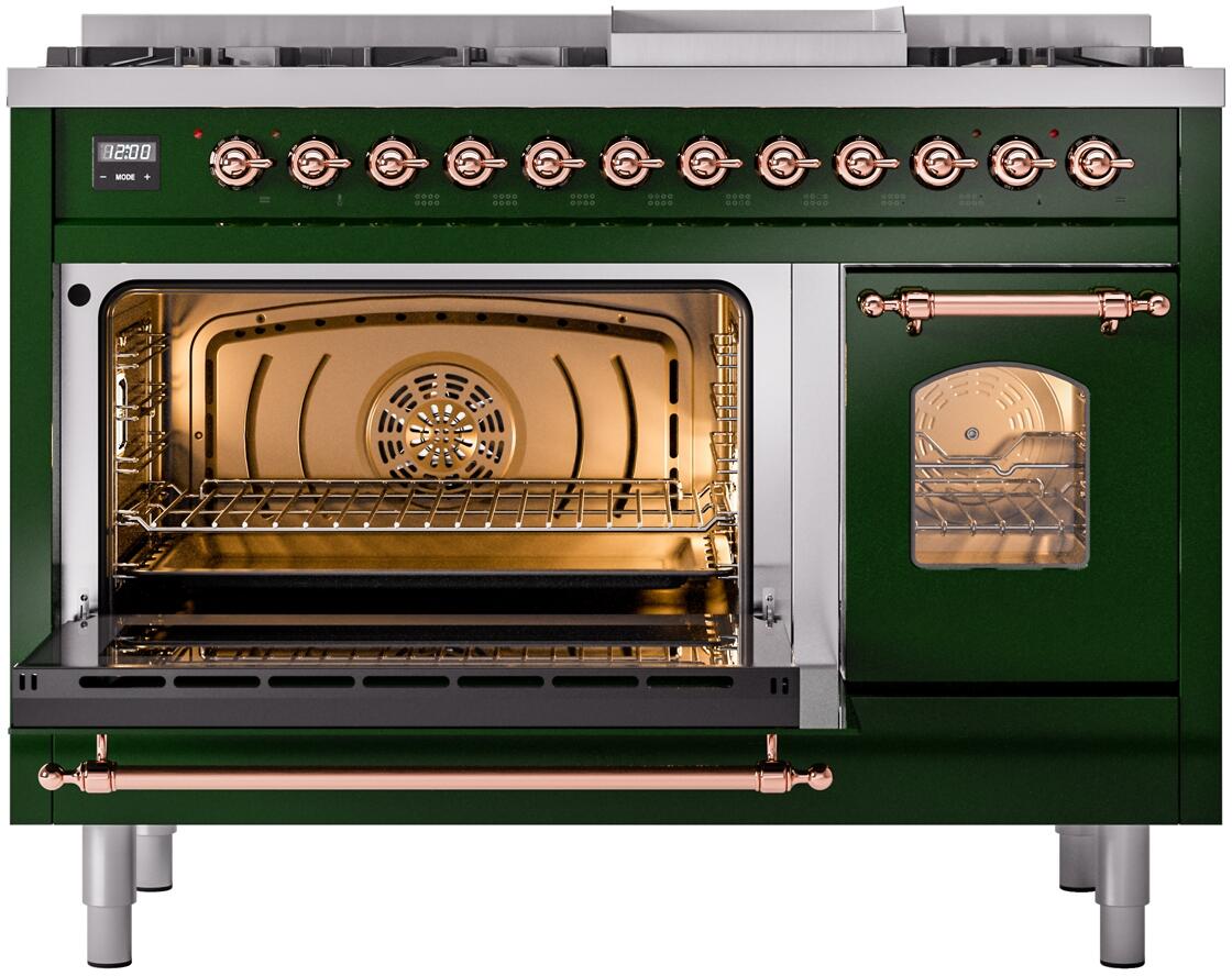 Range with one oven compartment open and warmer interior glow; copper accents visible