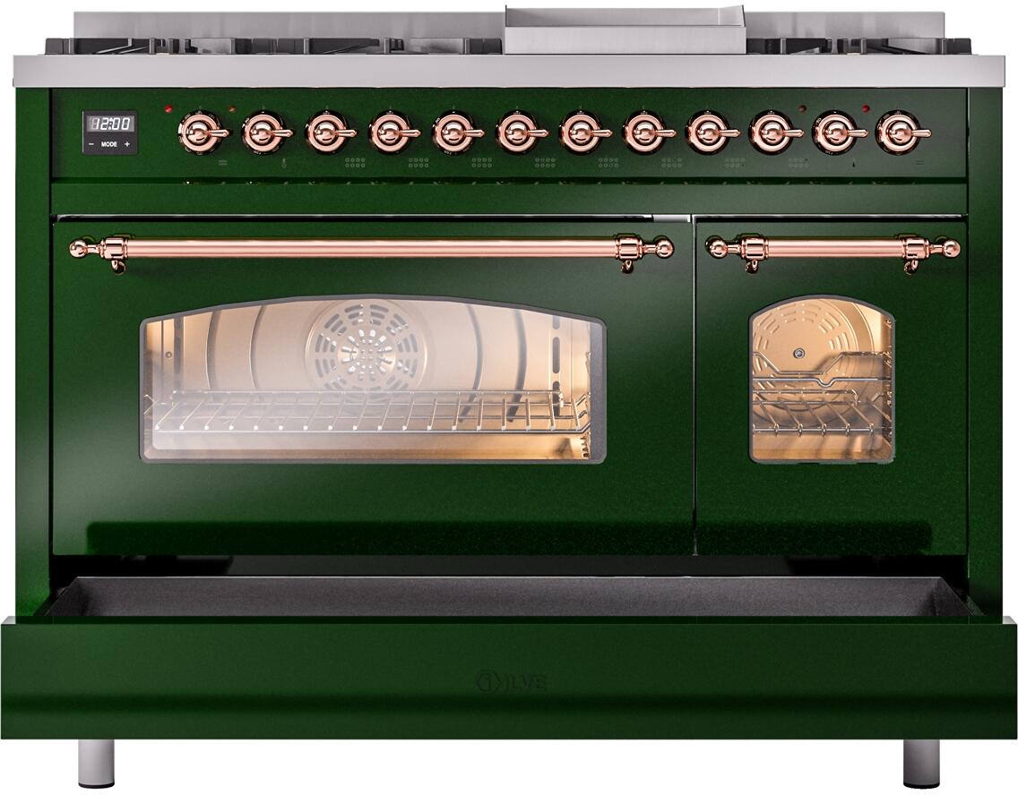 Emerald green range front view with open oven door and copper handle accents