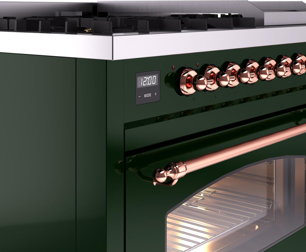 Emerald green dual fuel range close-up of copper knobs, handle, and digital display