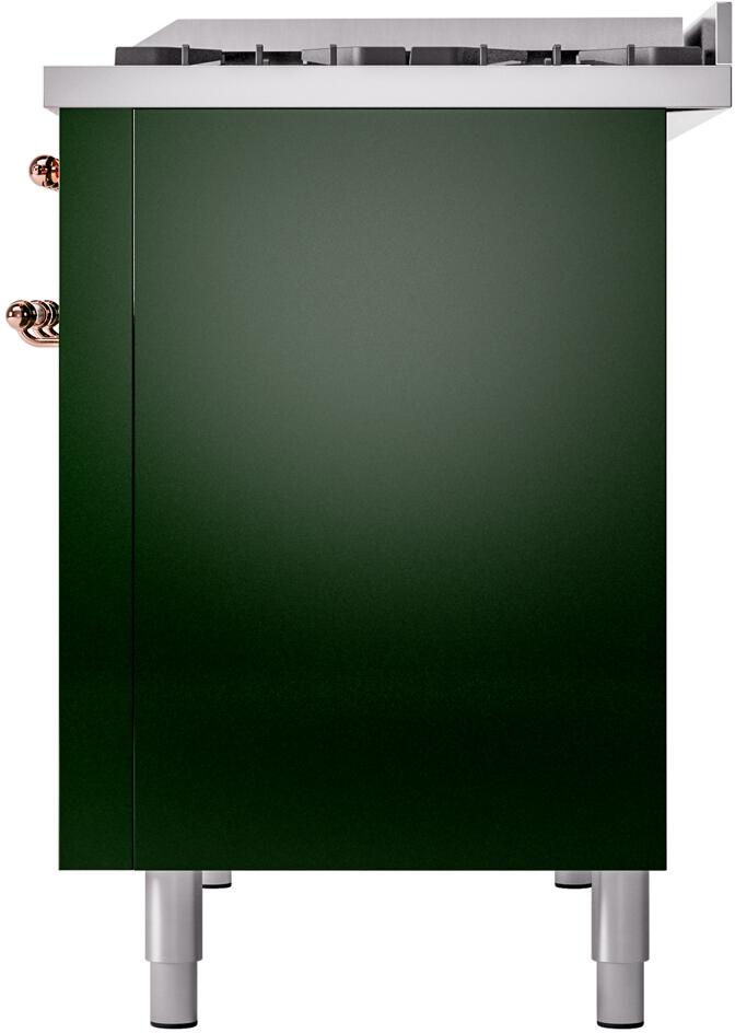 Emerald green freestanding range side with copper knob and silver leveling legs