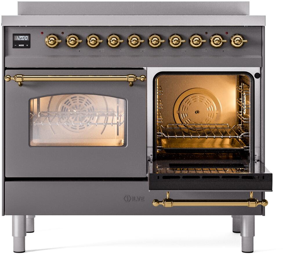 Freestanding electric induction range with matte graphite doors, left oven open, brass handle