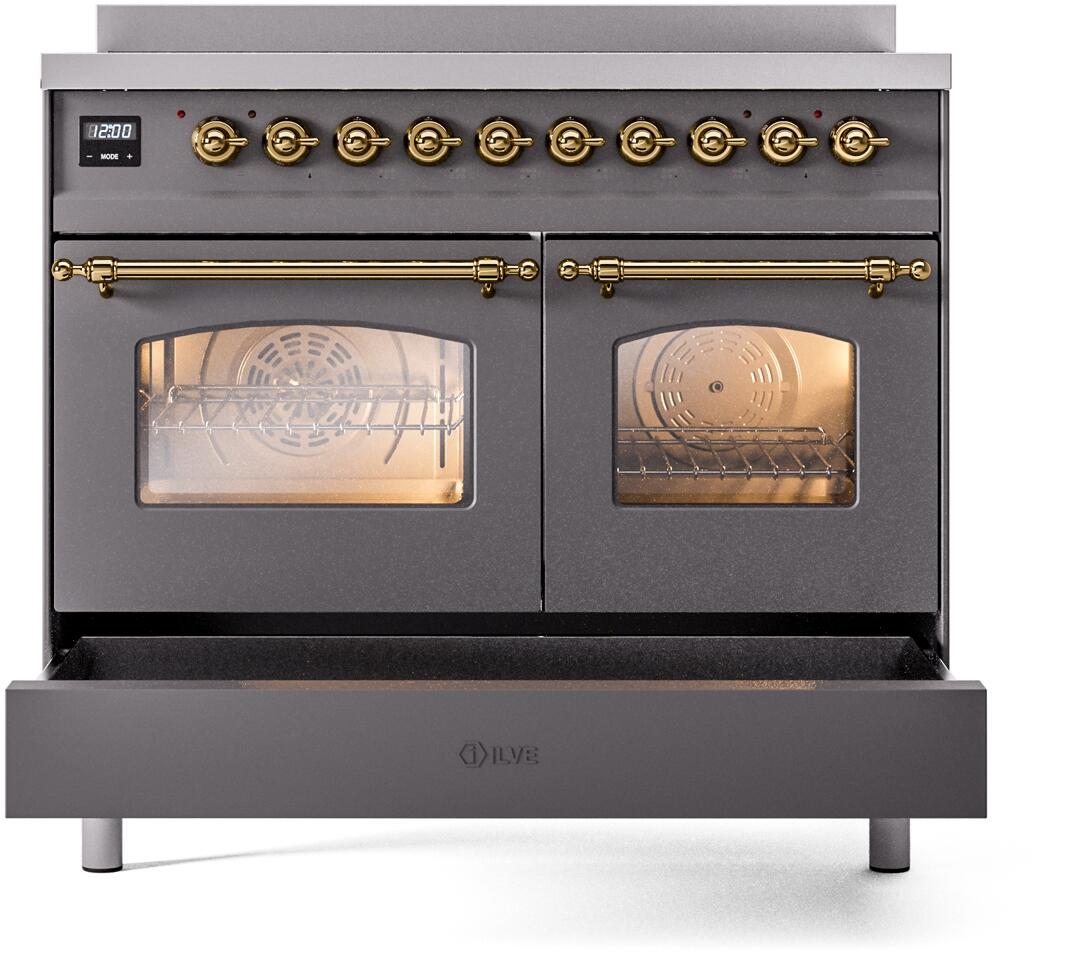 Freestanding electric induction range with matte graphite doors, twin oven windows, brass trim