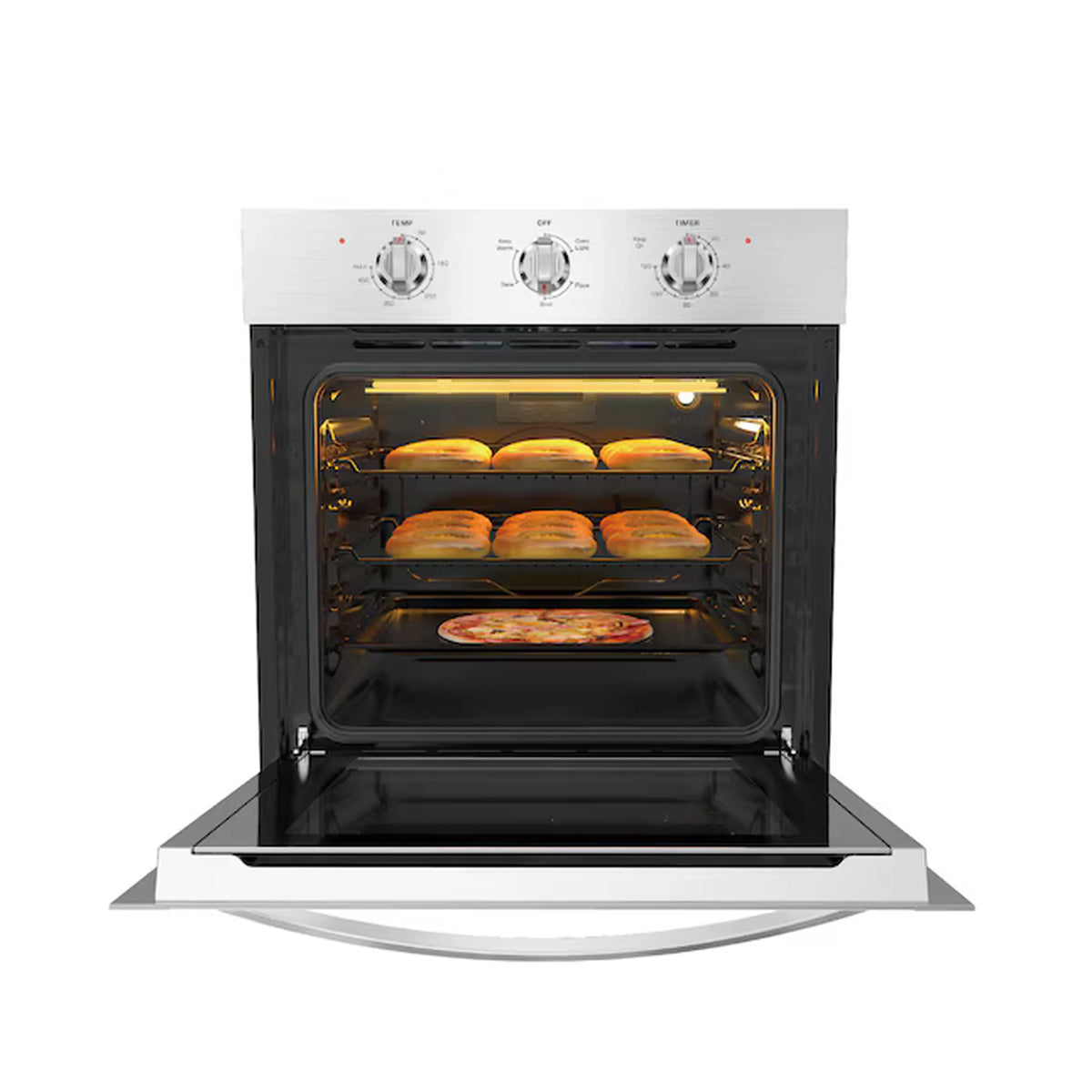 Stainless steel single wall oven with door open, baking chicken and trays visible