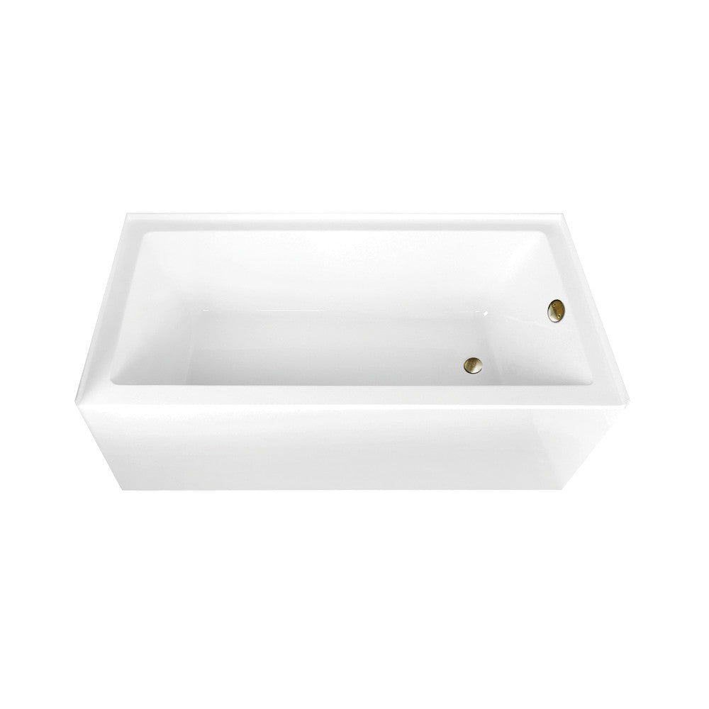 Glossy white acrylic rectangular alcove tub with antique brass drain and overflow