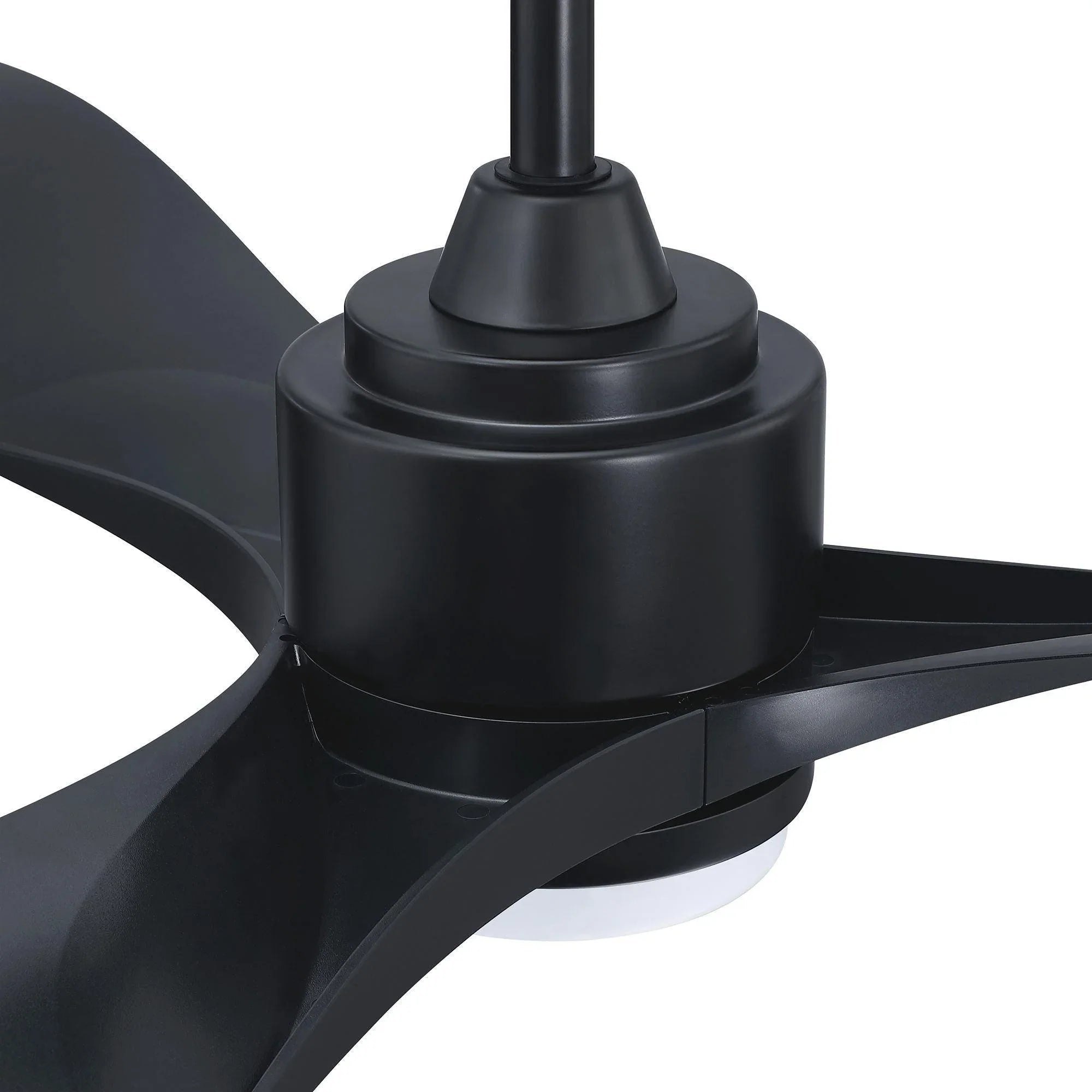 Black ceiling fan motor housing with three propeller blades and LED light dome
