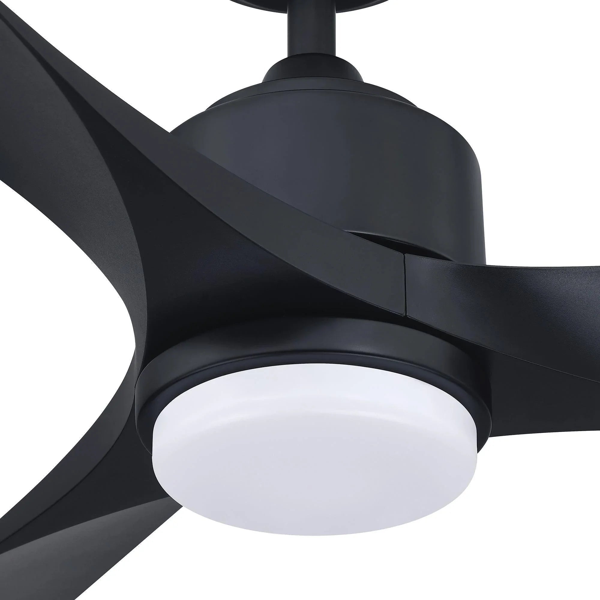 Black ceiling fan close-up with frosted LED dome and three angled blades