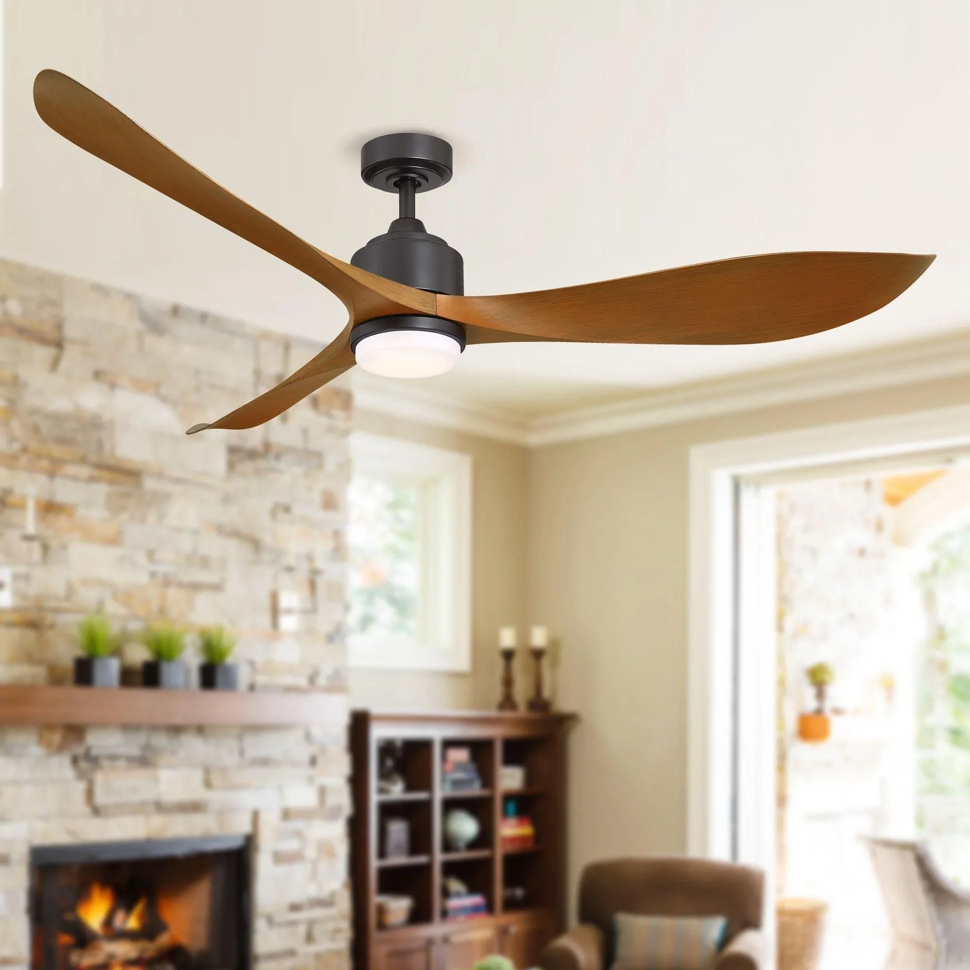 Oil-rubbed bronze ceiling fan with frosted LED light dome and three angled blades
