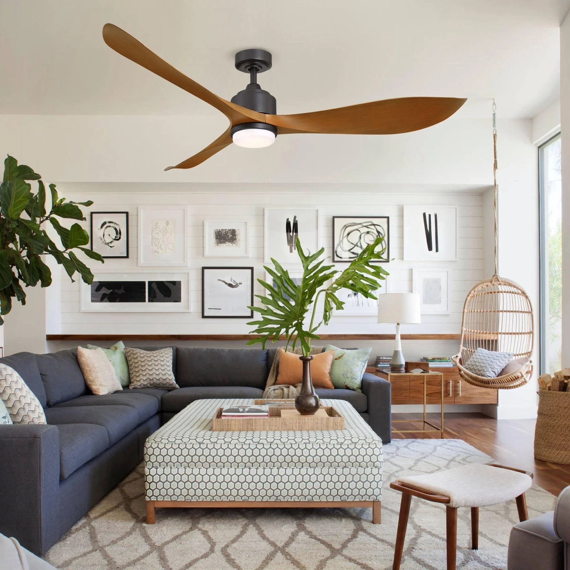 Oil-rubbed bronze ceiling fan with frosted LED light and three propeller blades