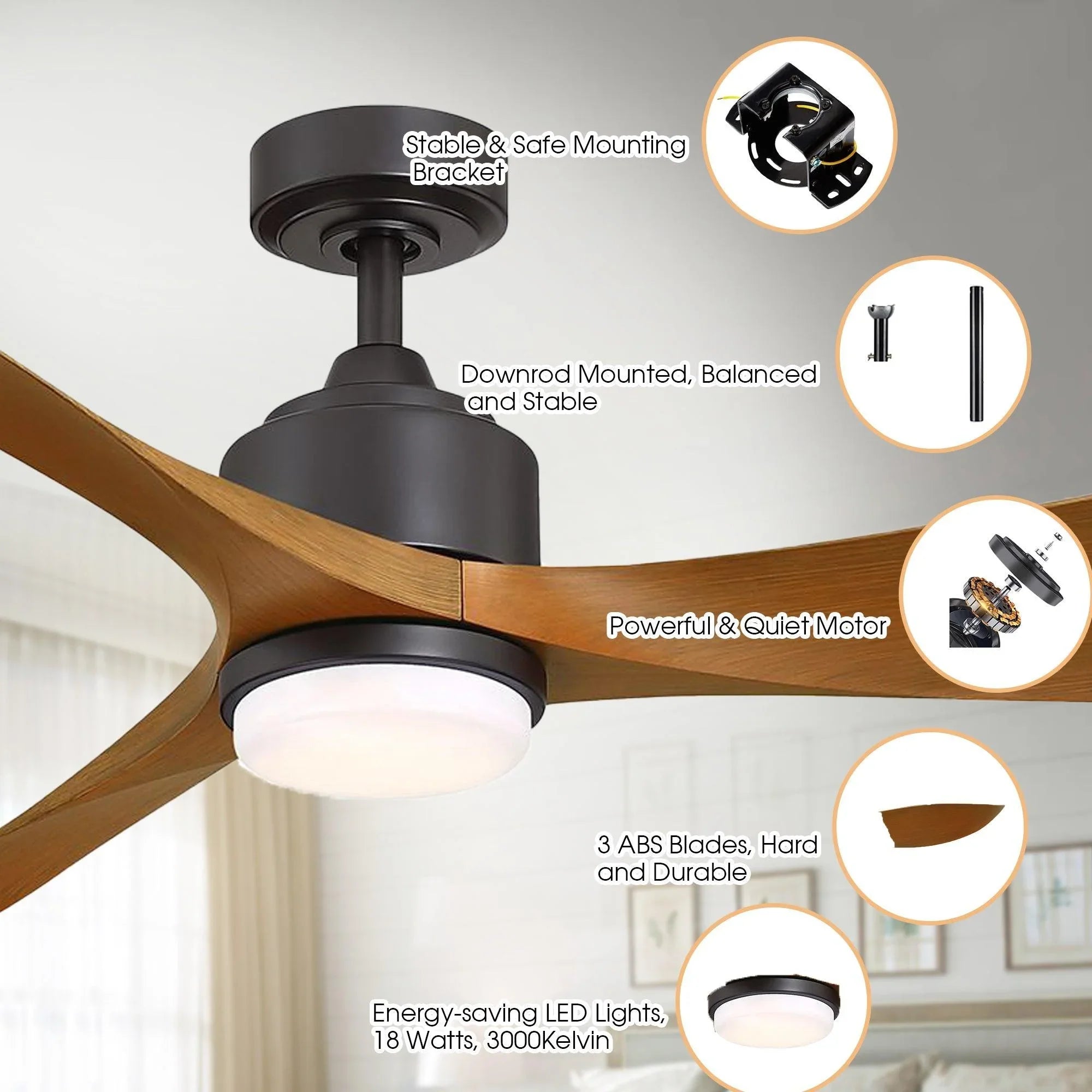 Oil-rubbed bronze and black 66-inch ceiling fan with 3 blades and integrated LED light.