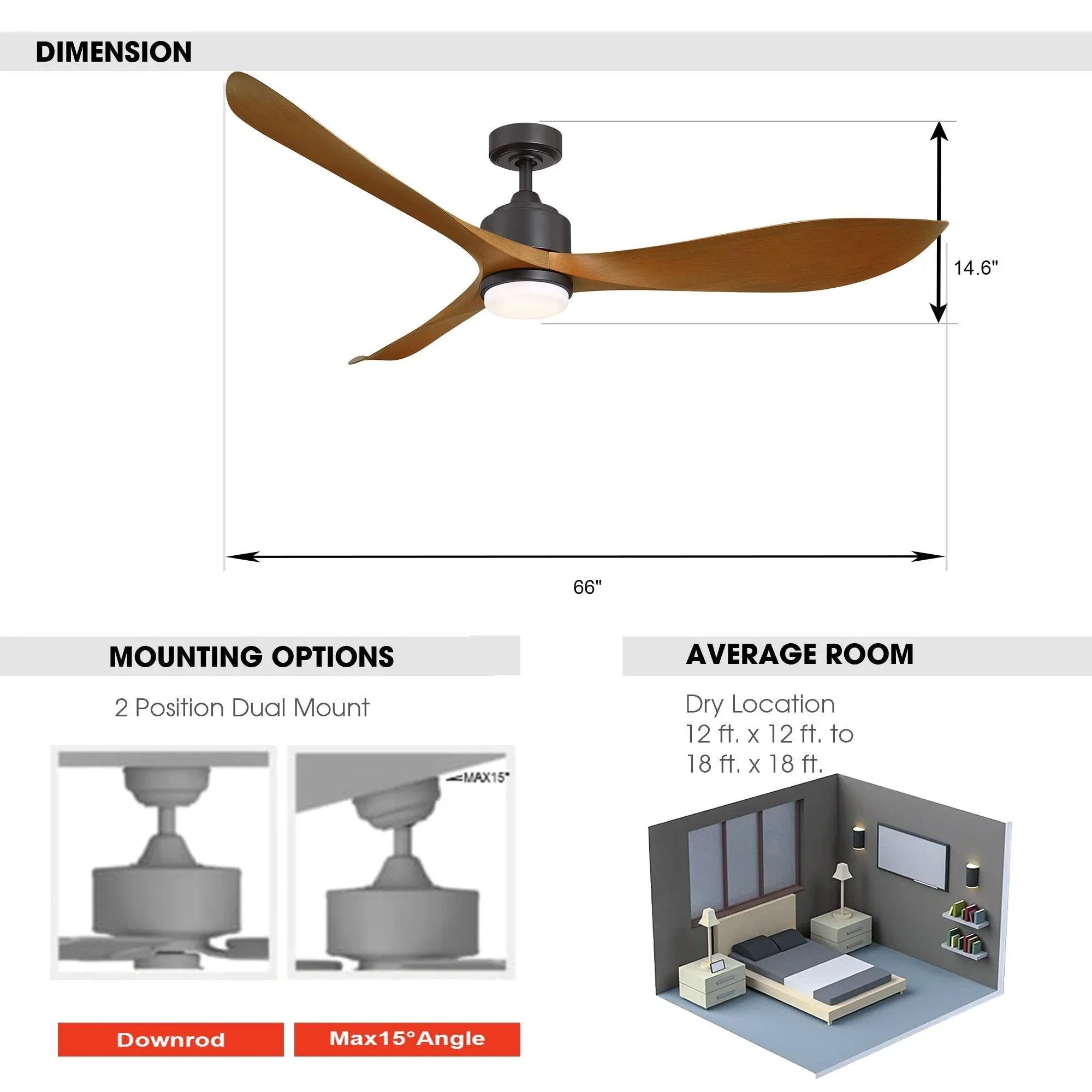 Oil-rubbed bronze 66-inch ceiling fan with integrated LED light, product dimensions on white.