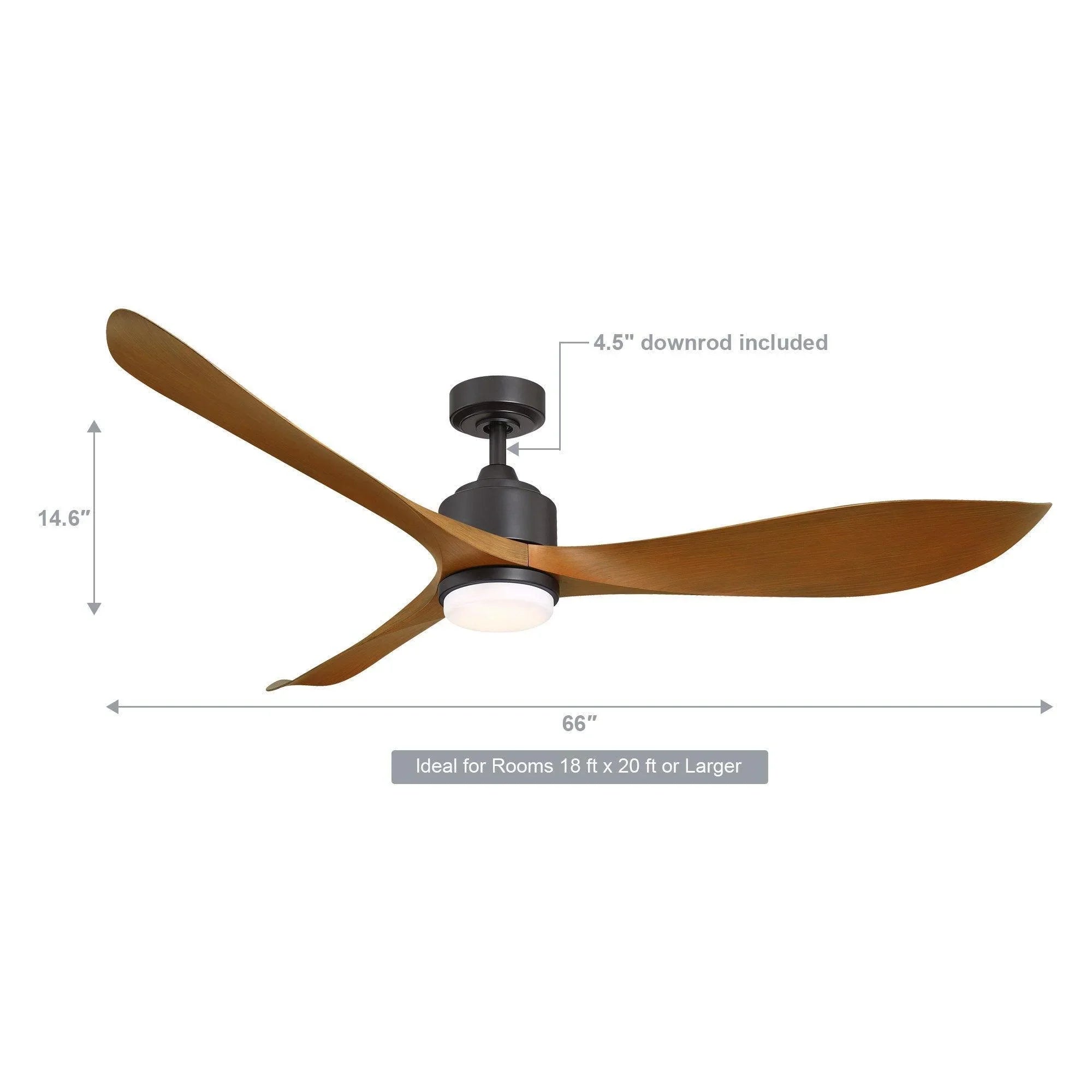 Oil-rubbed bronze 66-inch ceiling fan with integrated LED light, included downrod shown.