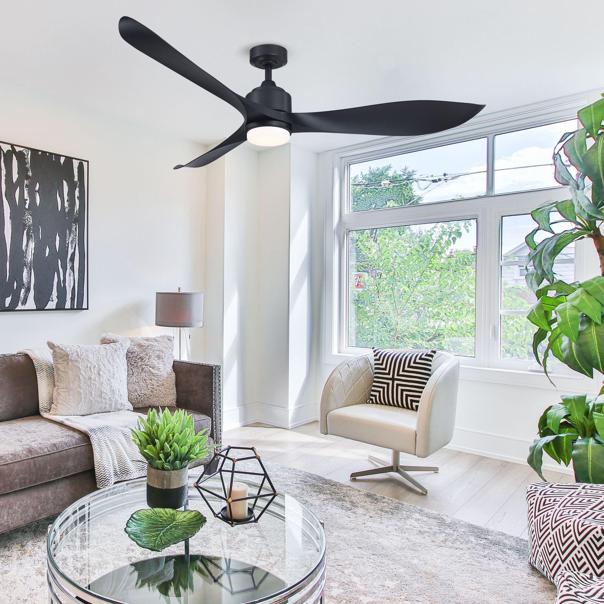 Black ceiling fan with frosted LED light dome and three angled blades