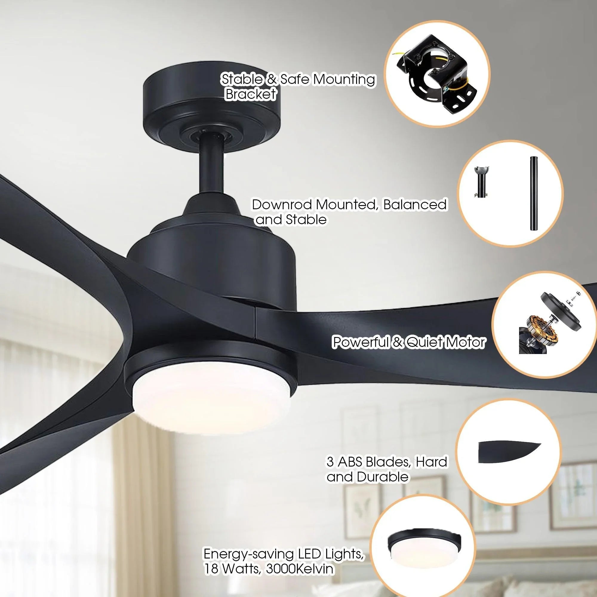 Black ceiling fan with LED light module and three ABS propeller blades