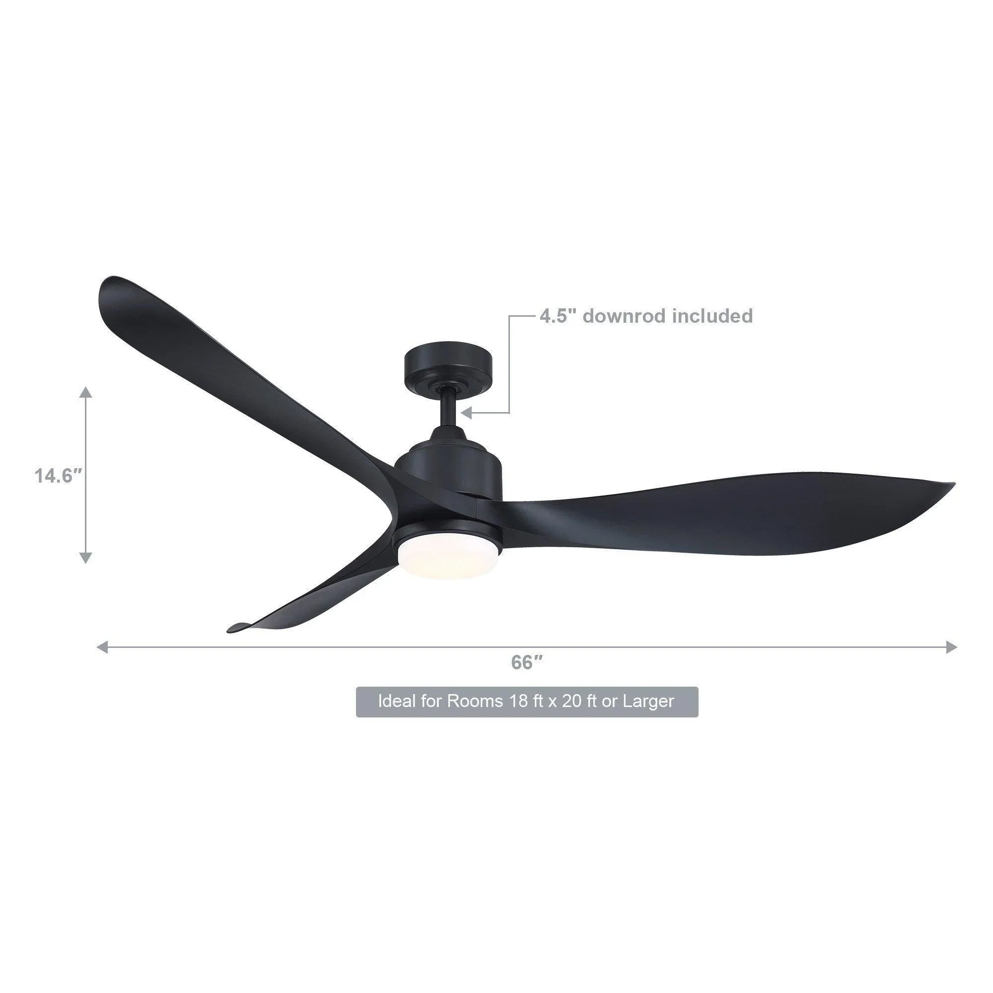 Black 66-inch ceiling fan with integrated LED light, included downrod shown.