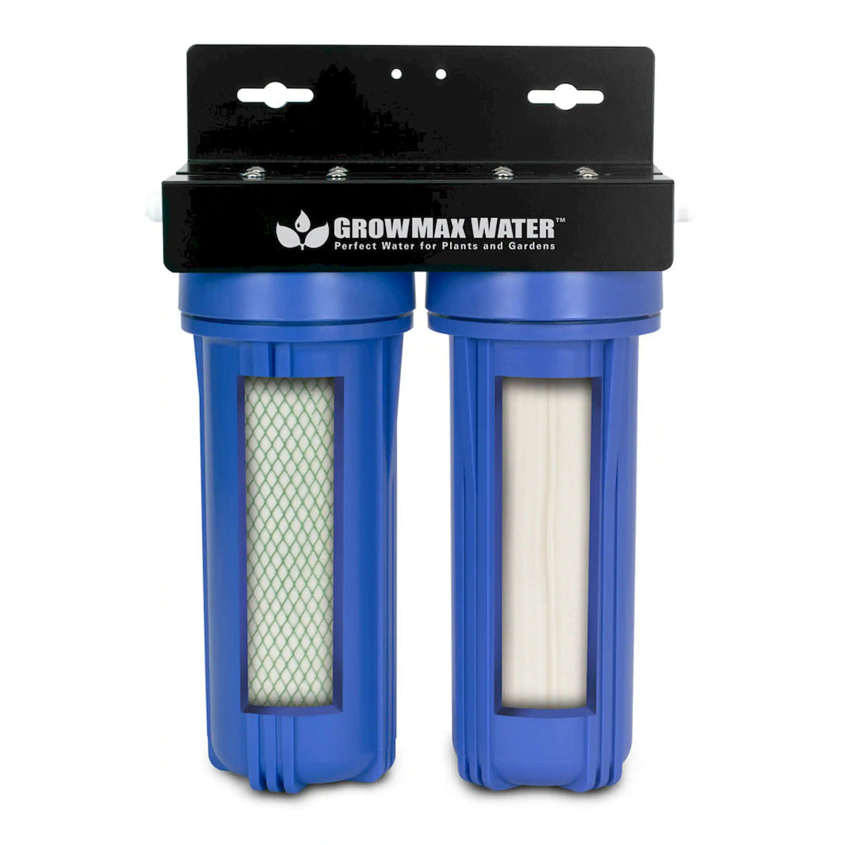 Two blue filter canisters with black top bracket; mesh filter cartridges visible