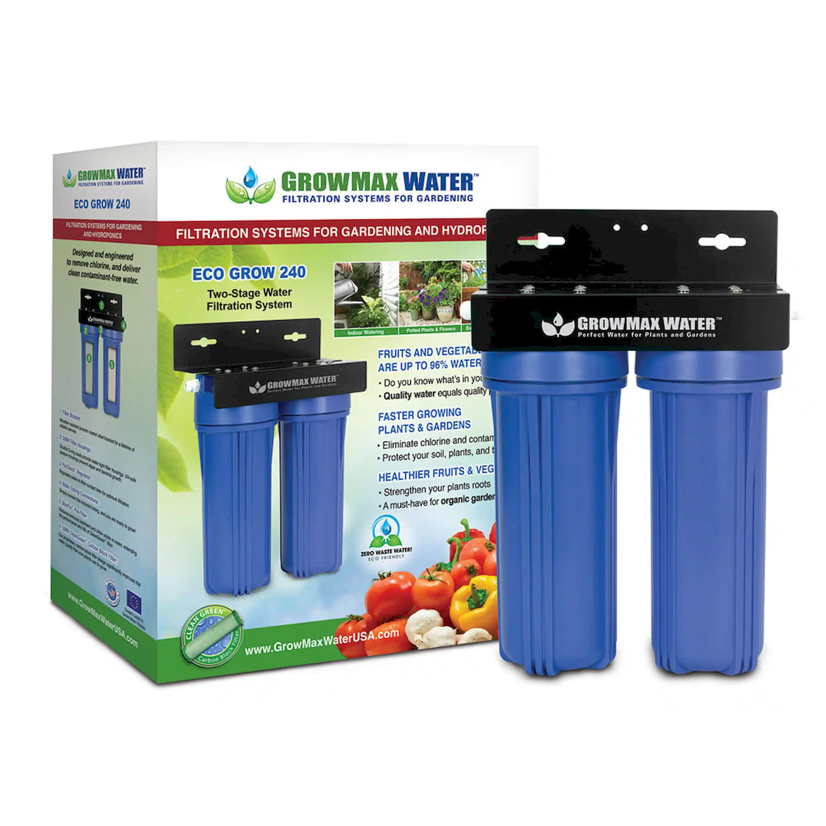 GrowMax Water ECO Grow 240 two-stage water filtration system with two blue filter housings