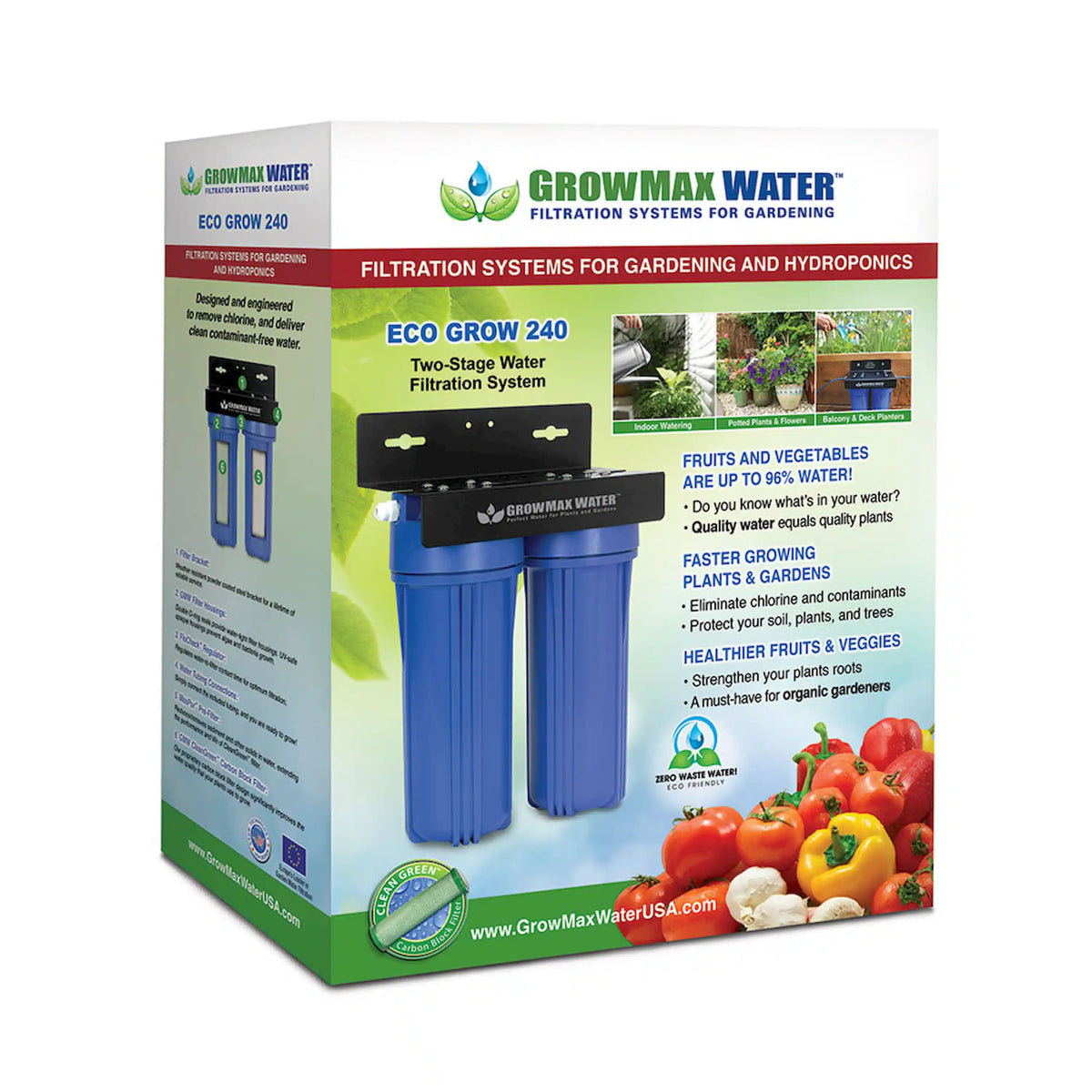 GrowMax Water ECO Grow 240 filtration system box with two blue canisters shown