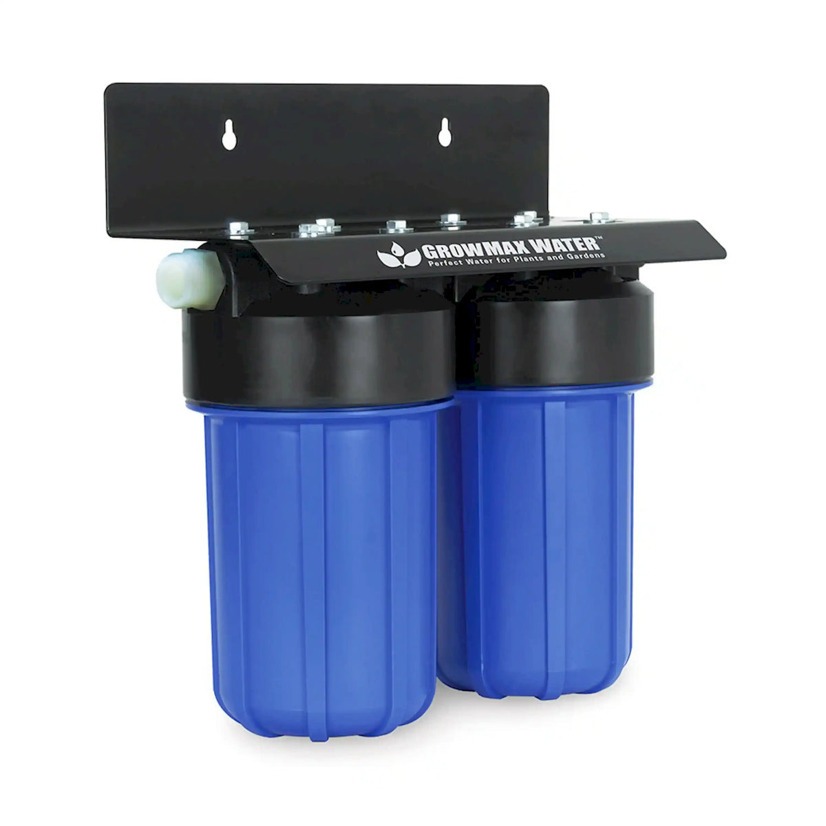 Compact garden water filtration system with black cap and two blue filter canisters