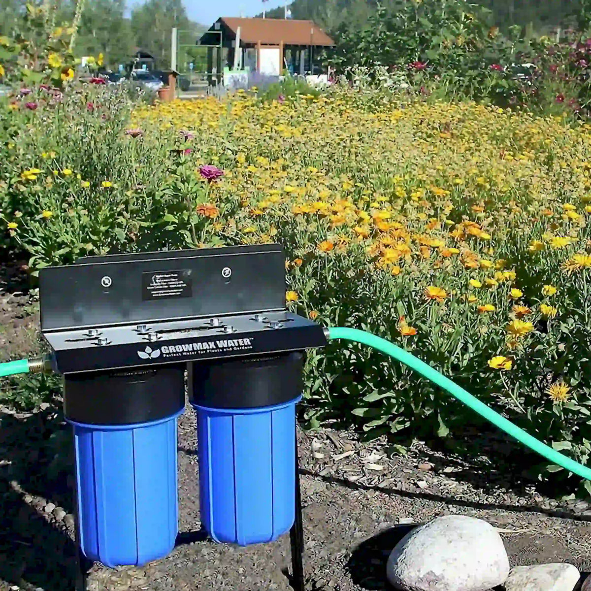 Garden water filtration system in flower bed with green hose and two blue canisters