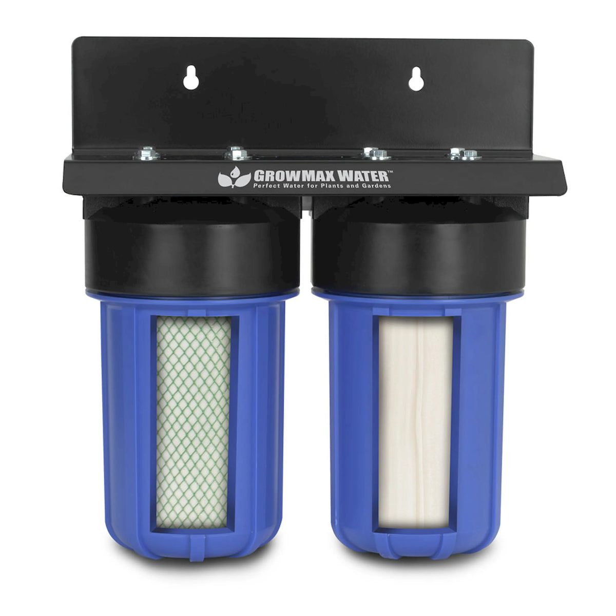Two-stage garden water filtration system with black top and two blue canisters