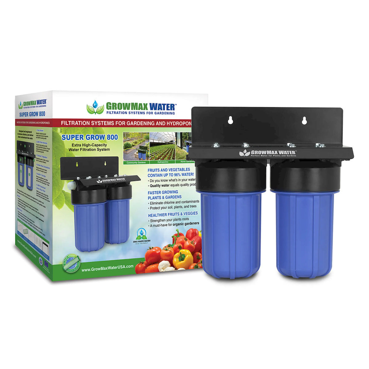 GrowMax Water filtration system box and unit with black top and two blue canisters