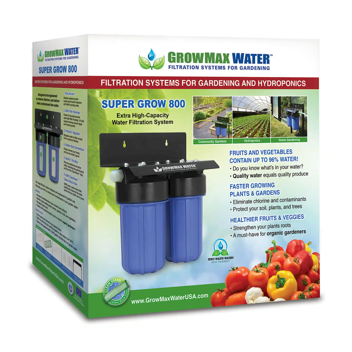GrowMax Water filtration system box with Super Grow 800 and product photo