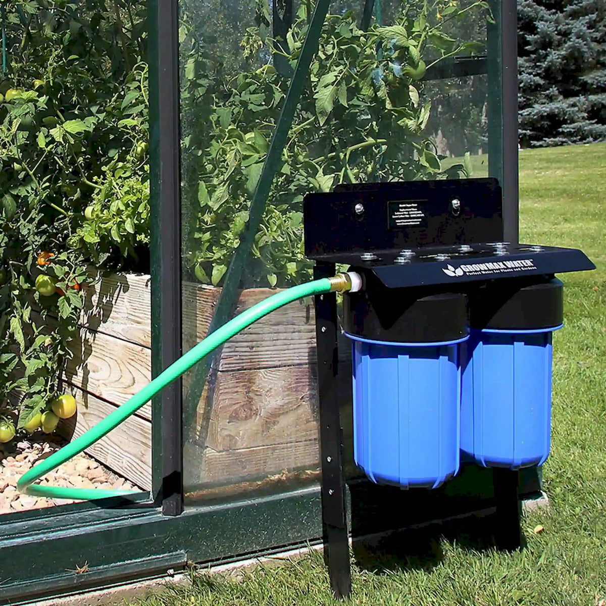 Greenhouse garden water filtration system with green hose and two blue filter canisters